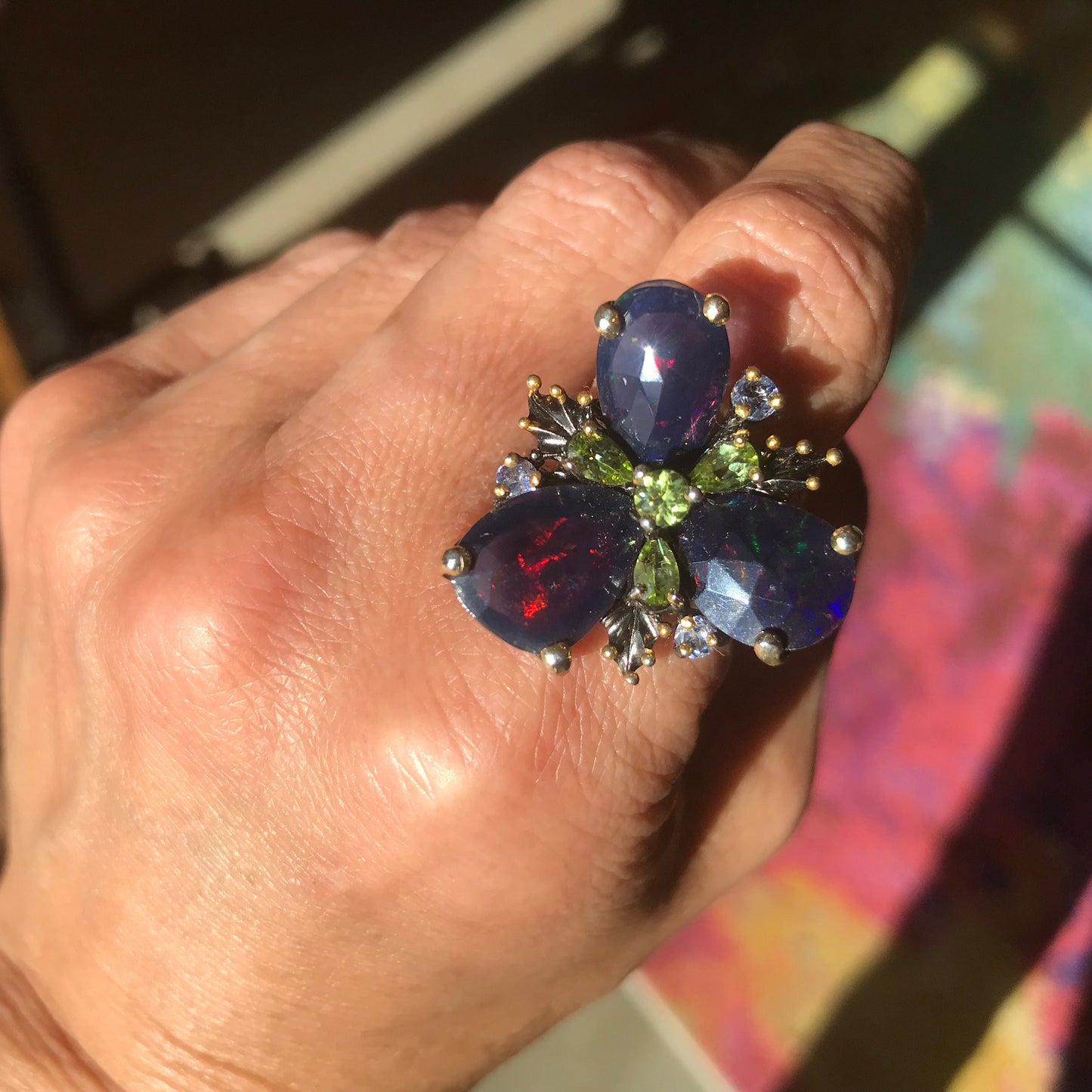 sterling silver Natural black blue Fire Opal peridot statement ring 8.5