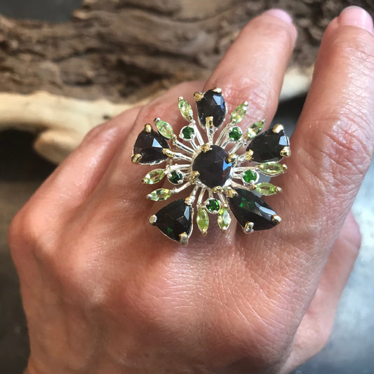 sterling silver Natural black blue Fire Opal peridot sunburst ring 9