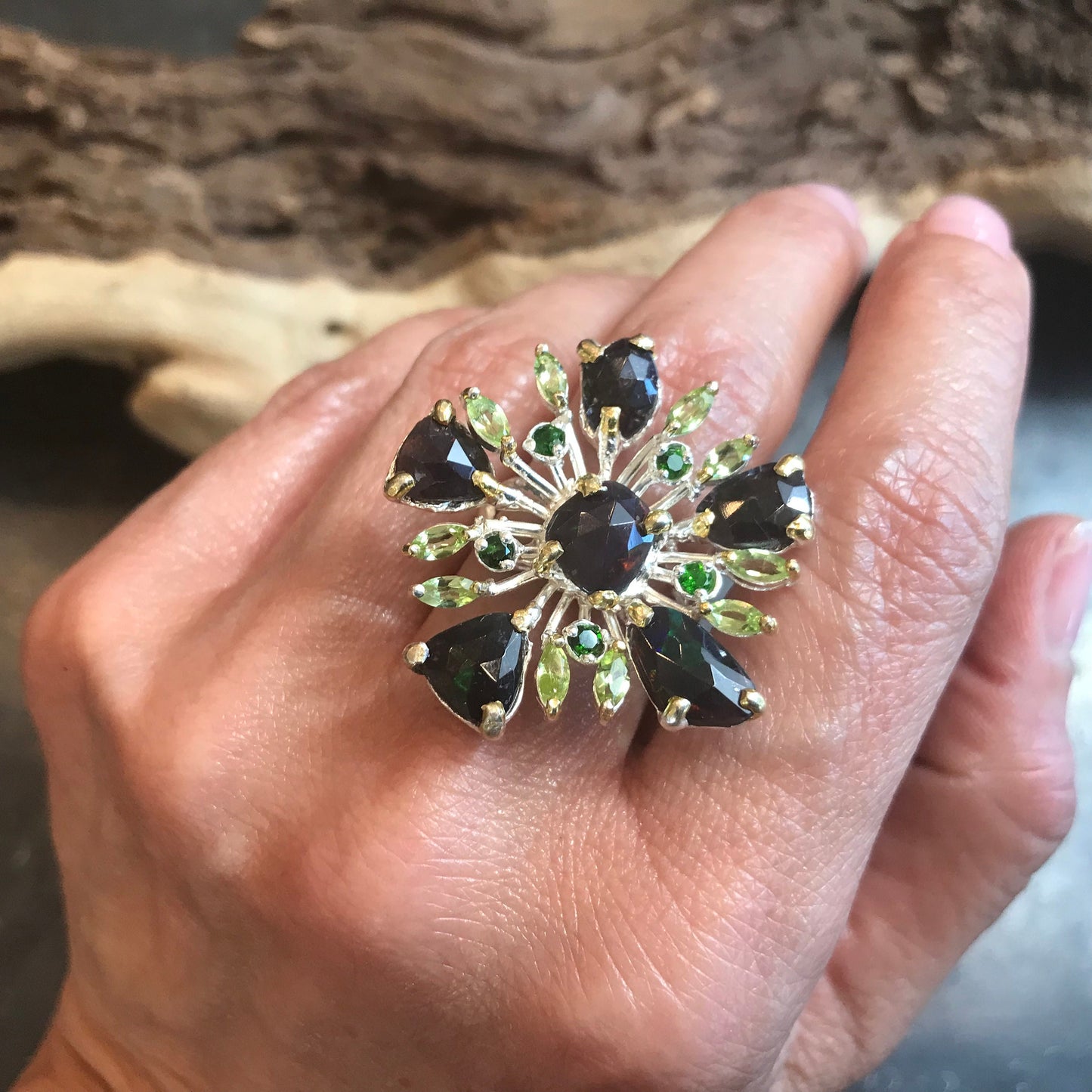 sterling silver Natural black blue Fire Opal peridot sunburst ring 9