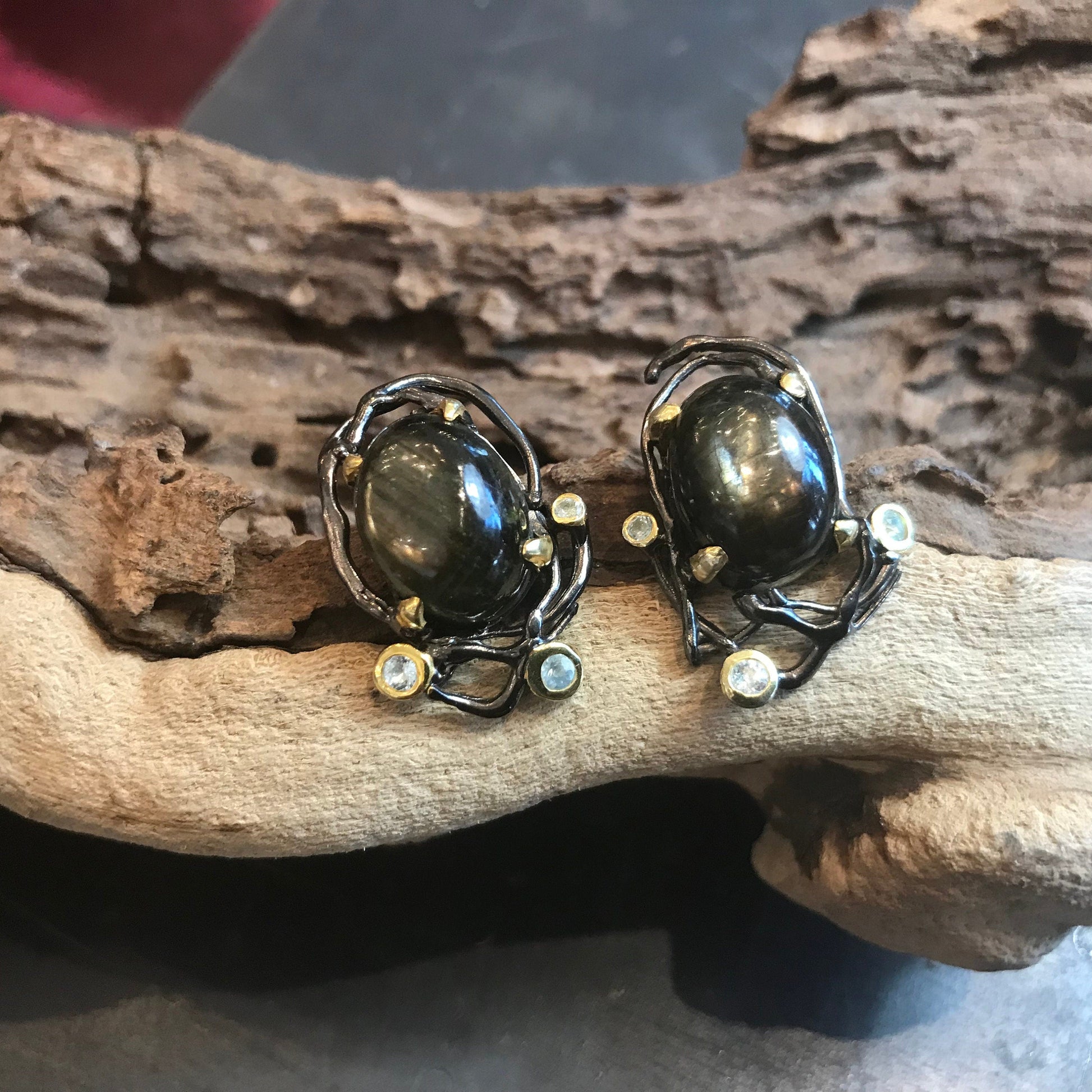 Sterling Silver black natural Sapphire large stud earrings Colors Of Etnika