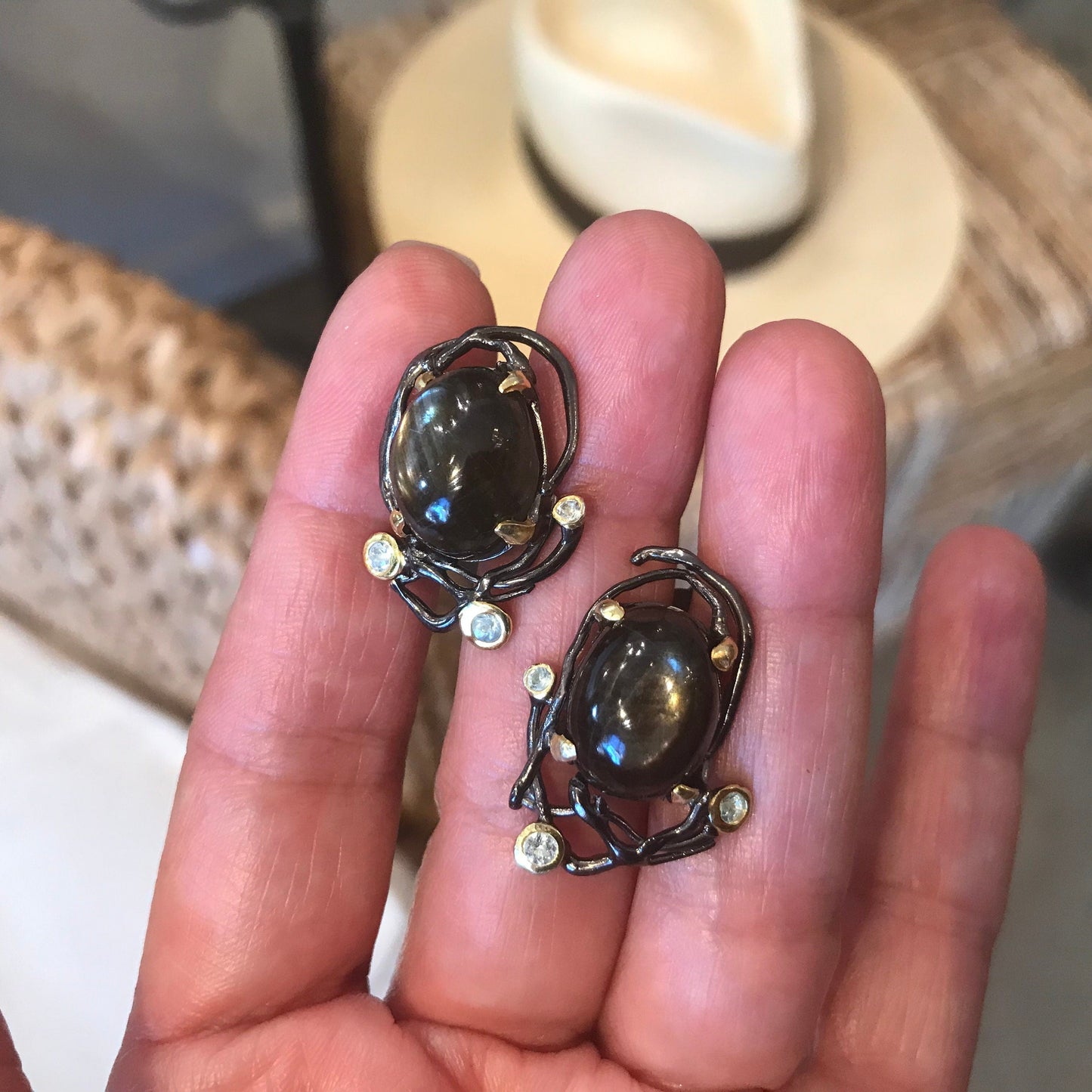Sterling Silver black natural Sapphire large stud earrings Colors Of Etnika