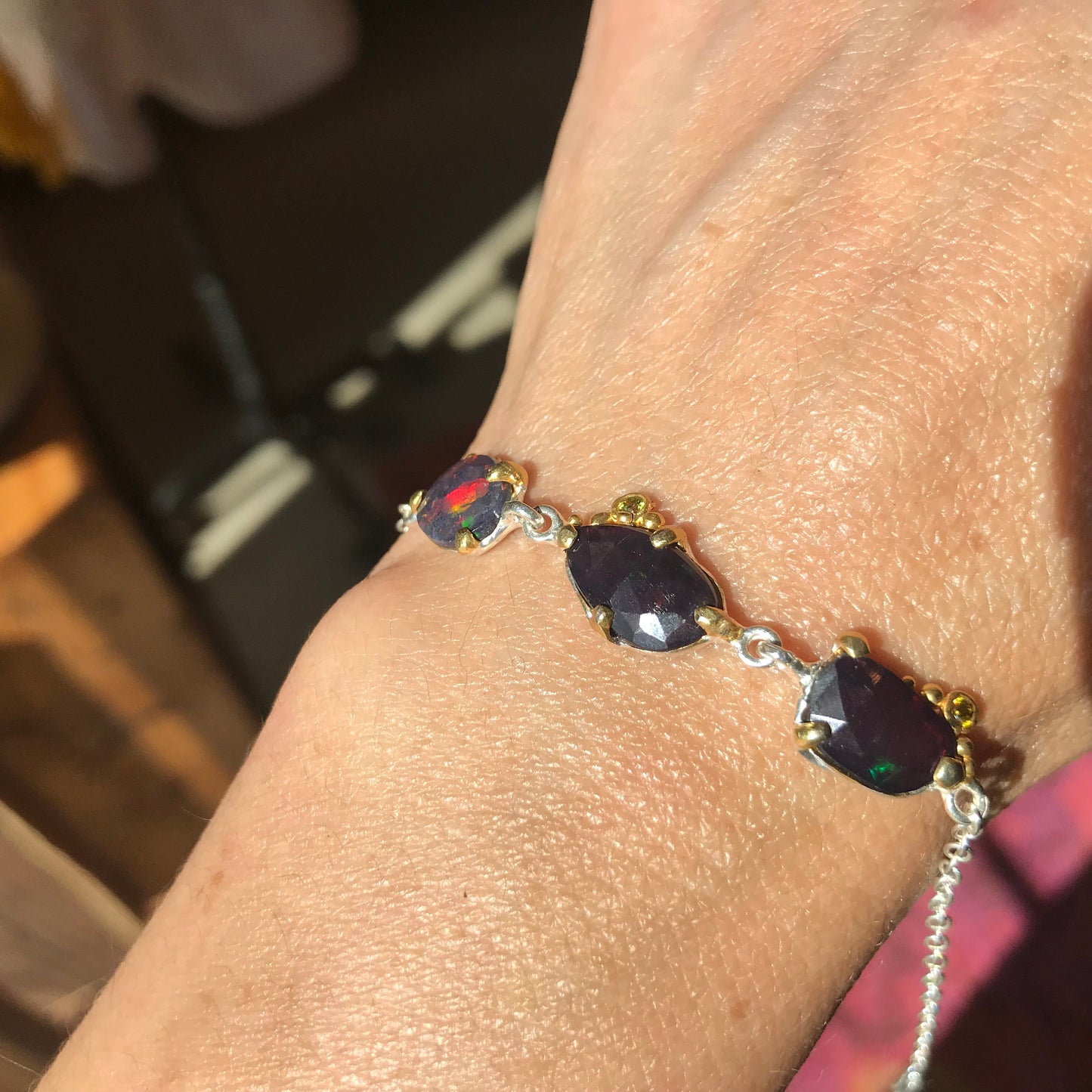 Sterling Silver Natural Black red blue fire Opal tenis bracelet Colors Of Etnika