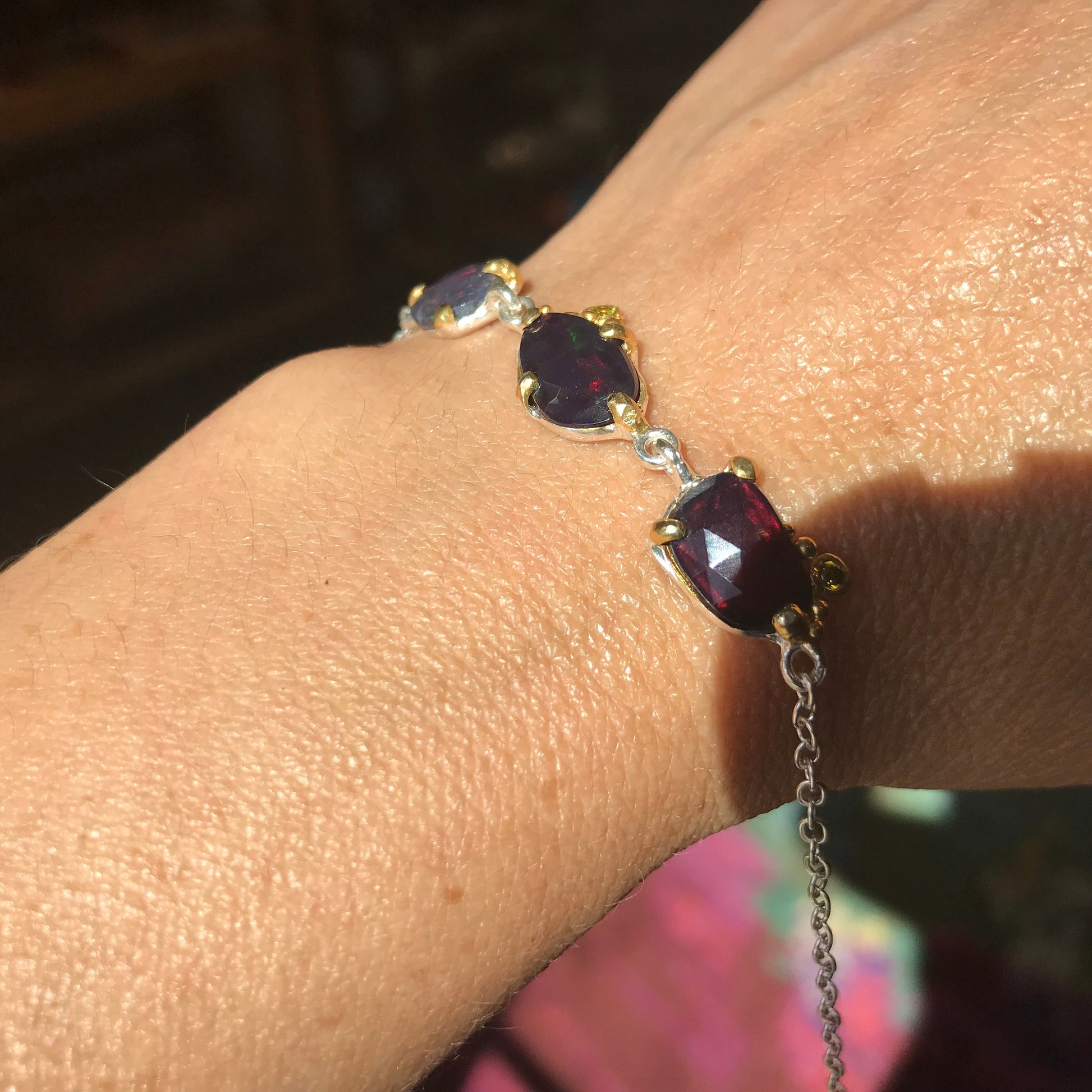 Sterling Silver Natural Black red blue fire Opal tenis bracelet Colors Of Etnika