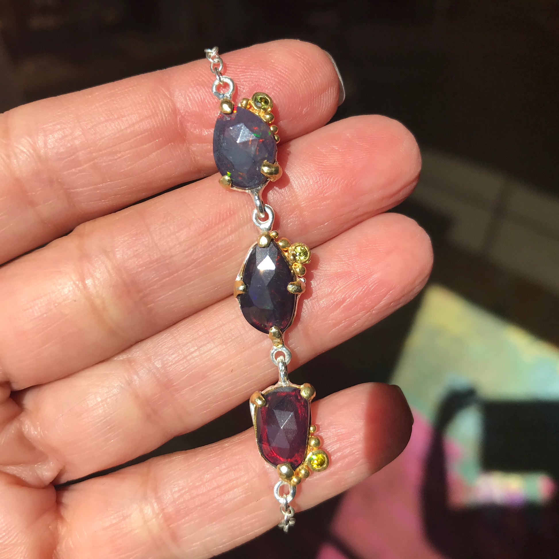 Sterling Silver Natural Black red blue fire Opal tenis bracelet Colors Of Etnika