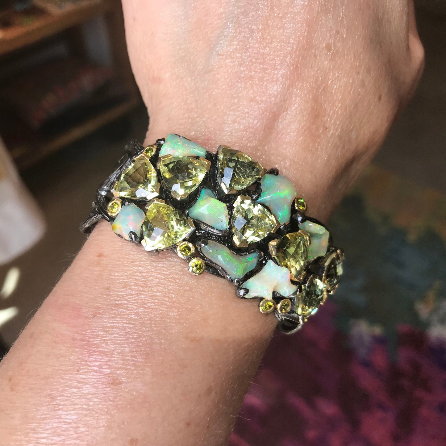 Sterling silver natural opal abstract fancy cuff bangle bracelet Colors Of Etnika