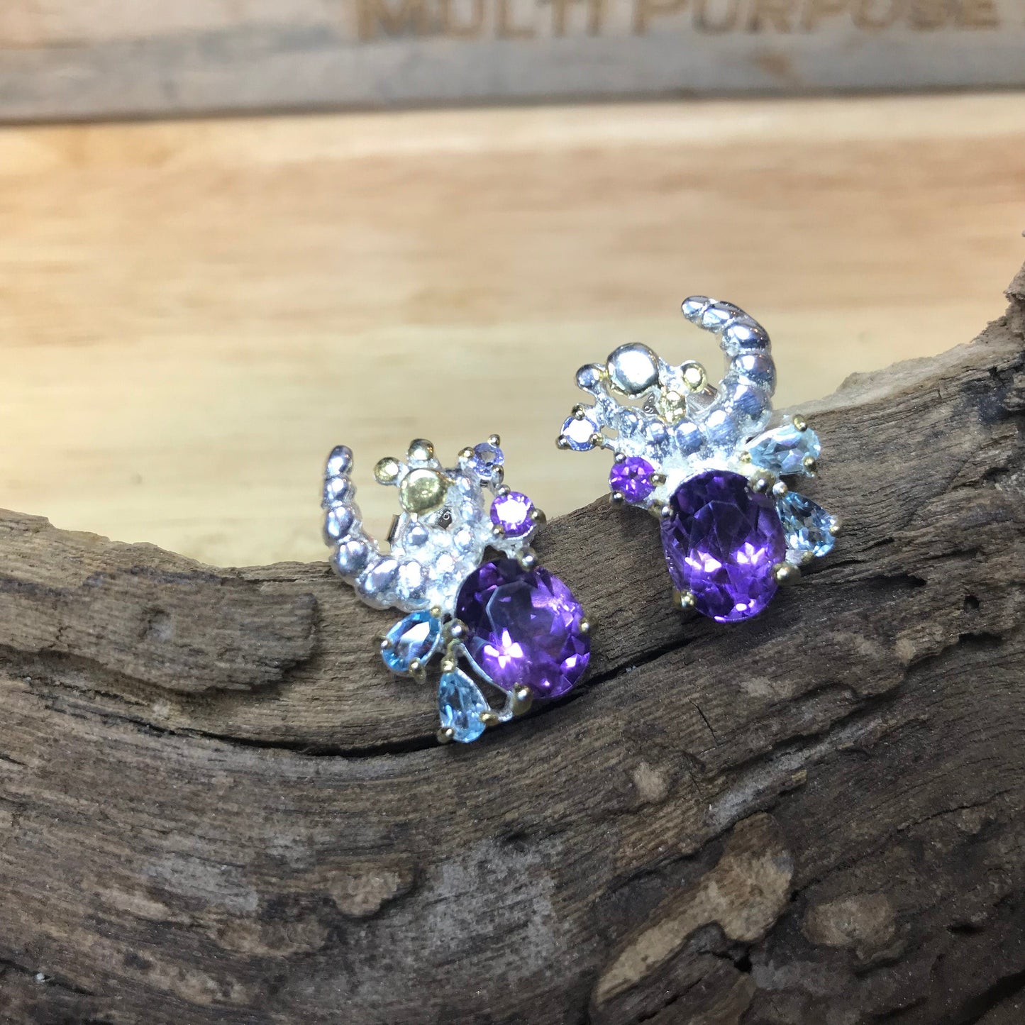 Sterling Silver Blue Topaz amethyst natural art stud Earrings Colors Of Etnika