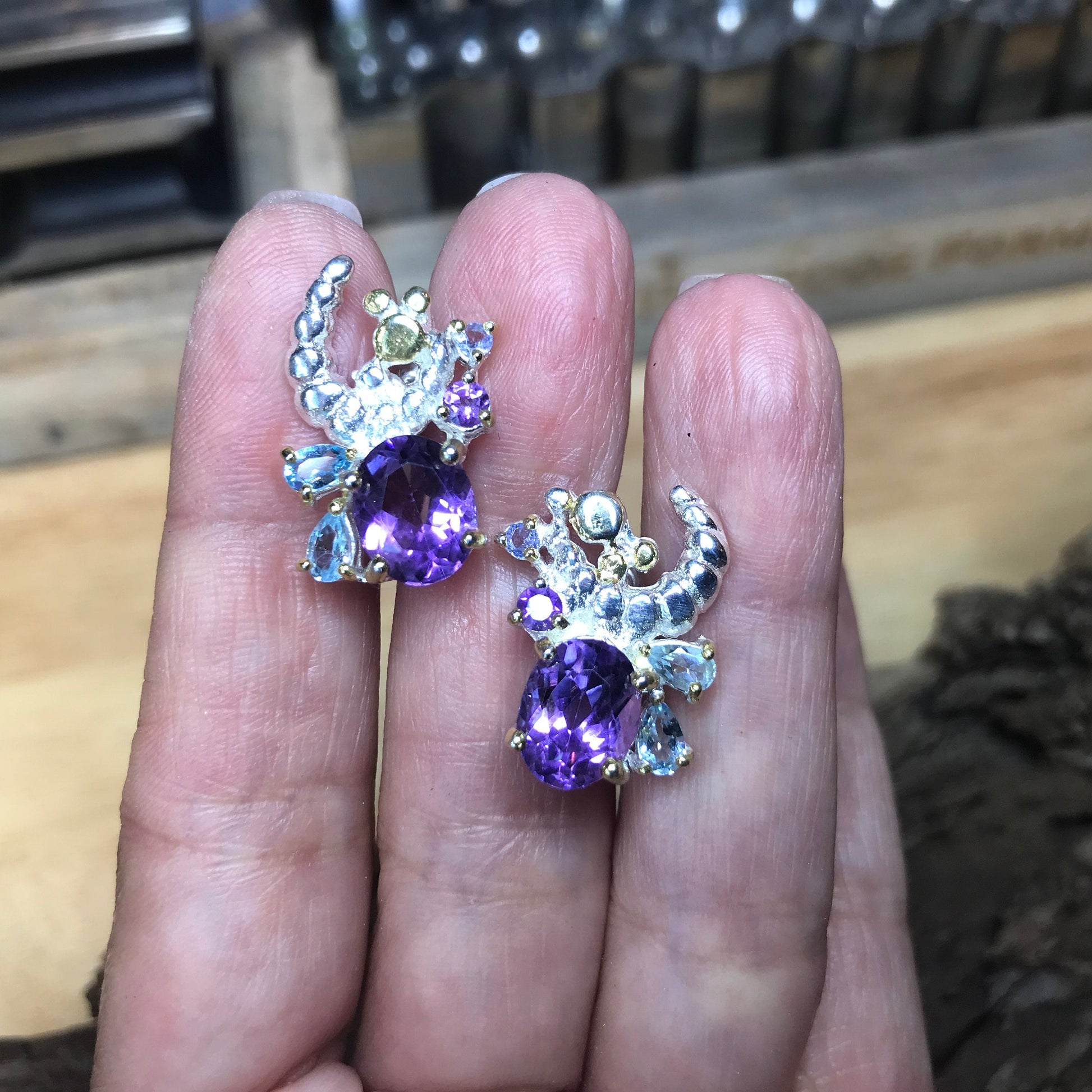 Sterling Silver Blue Topaz amethyst natural art stud Earrings Colors Of Etnika
