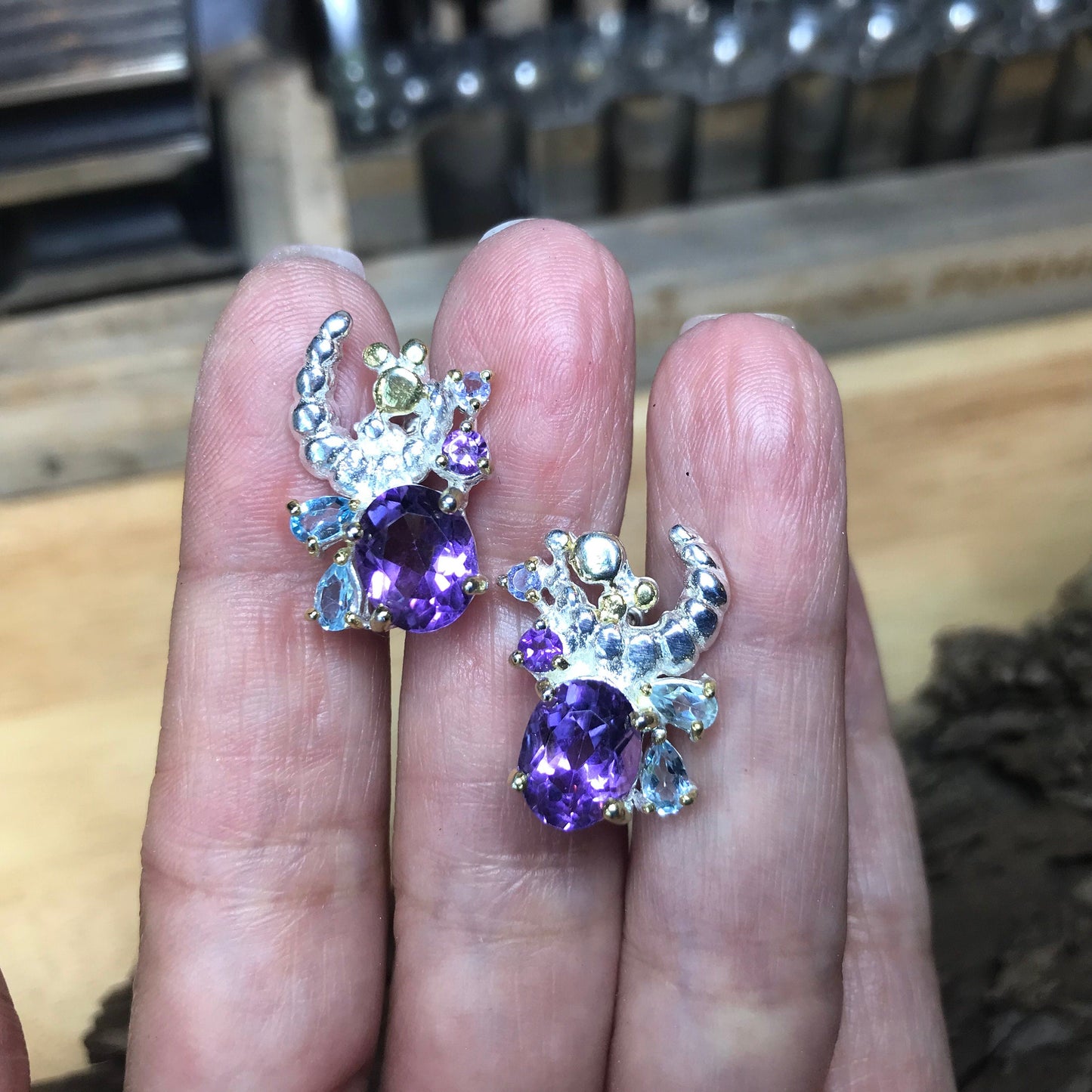 Sterling Silver Blue Topaz amethyst natural art stud Earrings Colors Of Etnika