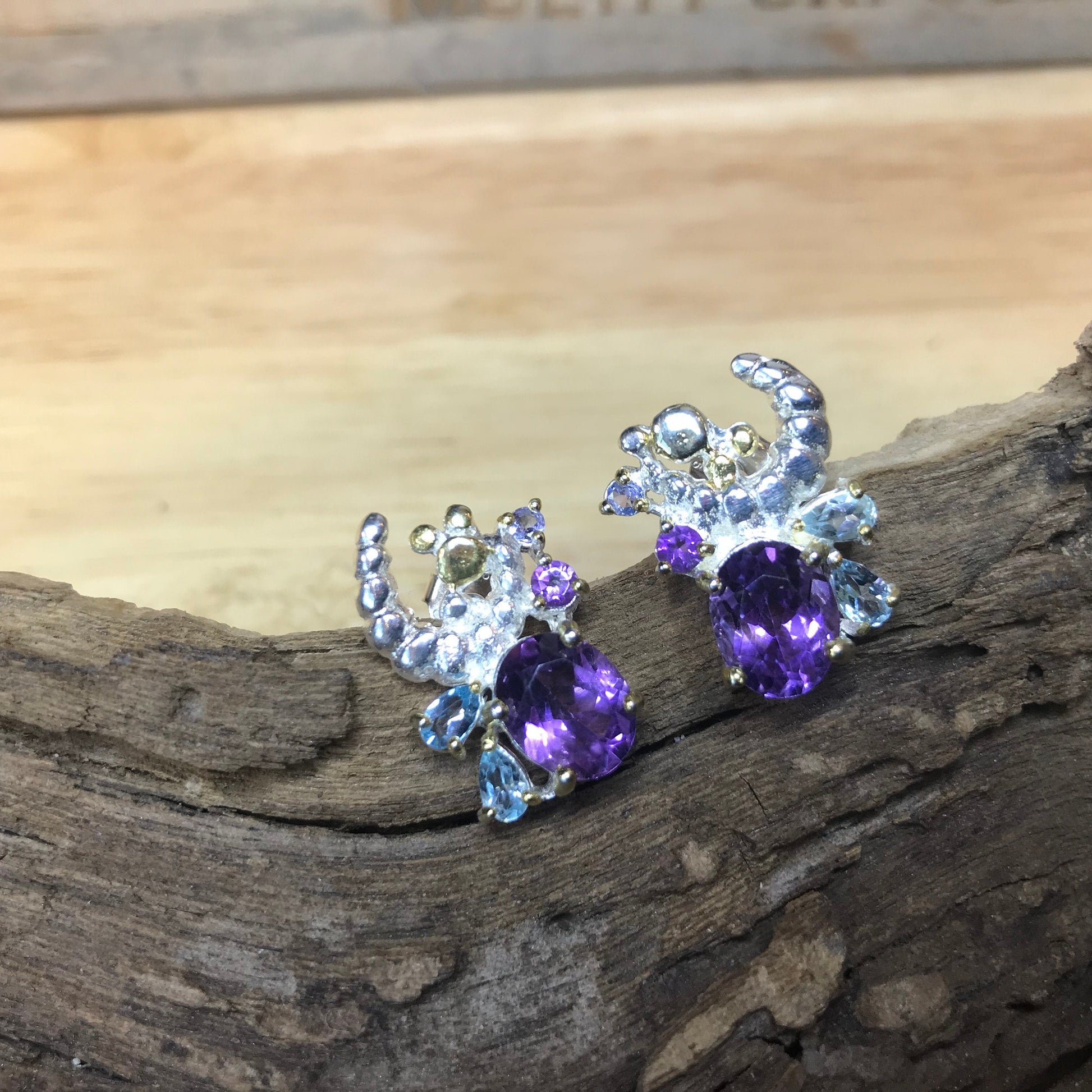 Sterling Silver Blue Topaz amethyst natural art stud Earrings Colors Of Etnika