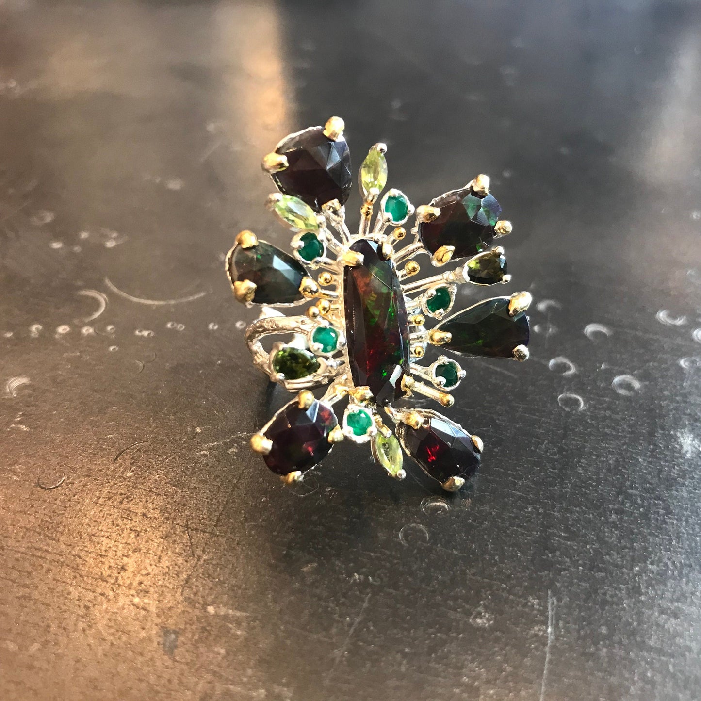 sterling silver Natural black Fire Opal onyx peridot statement ring 7 Colors Of Etnika