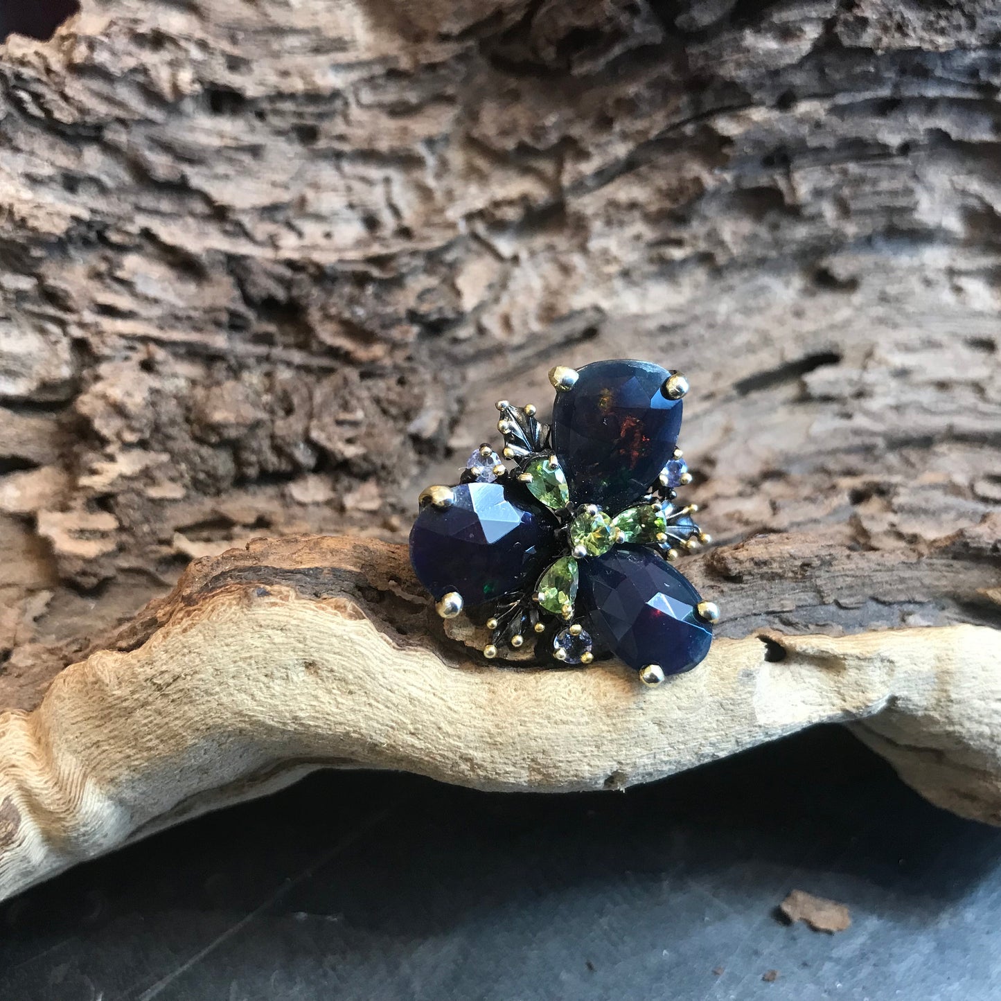 sterling silver Natural black blue Fire Opal peridot statement ring 8.5