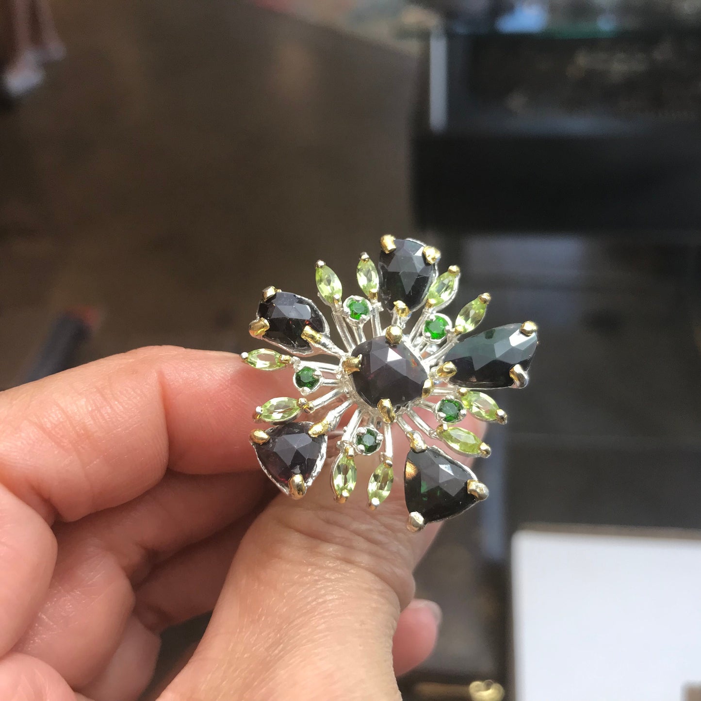 sterling silver Natural black blue Fire Opal peridot sunburst ring 9