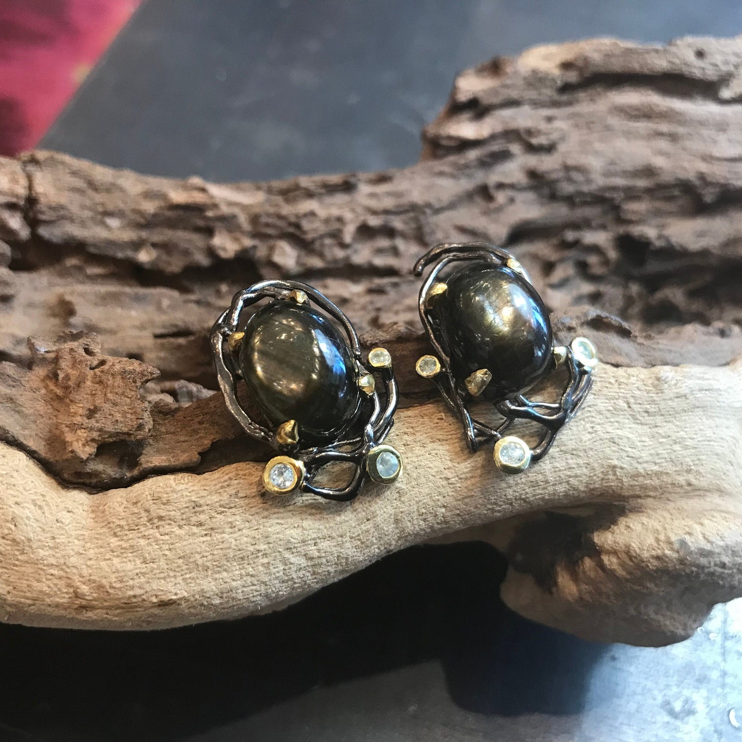 Sterling Silver black natural Sapphire large stud earrings Colors Of Etnika