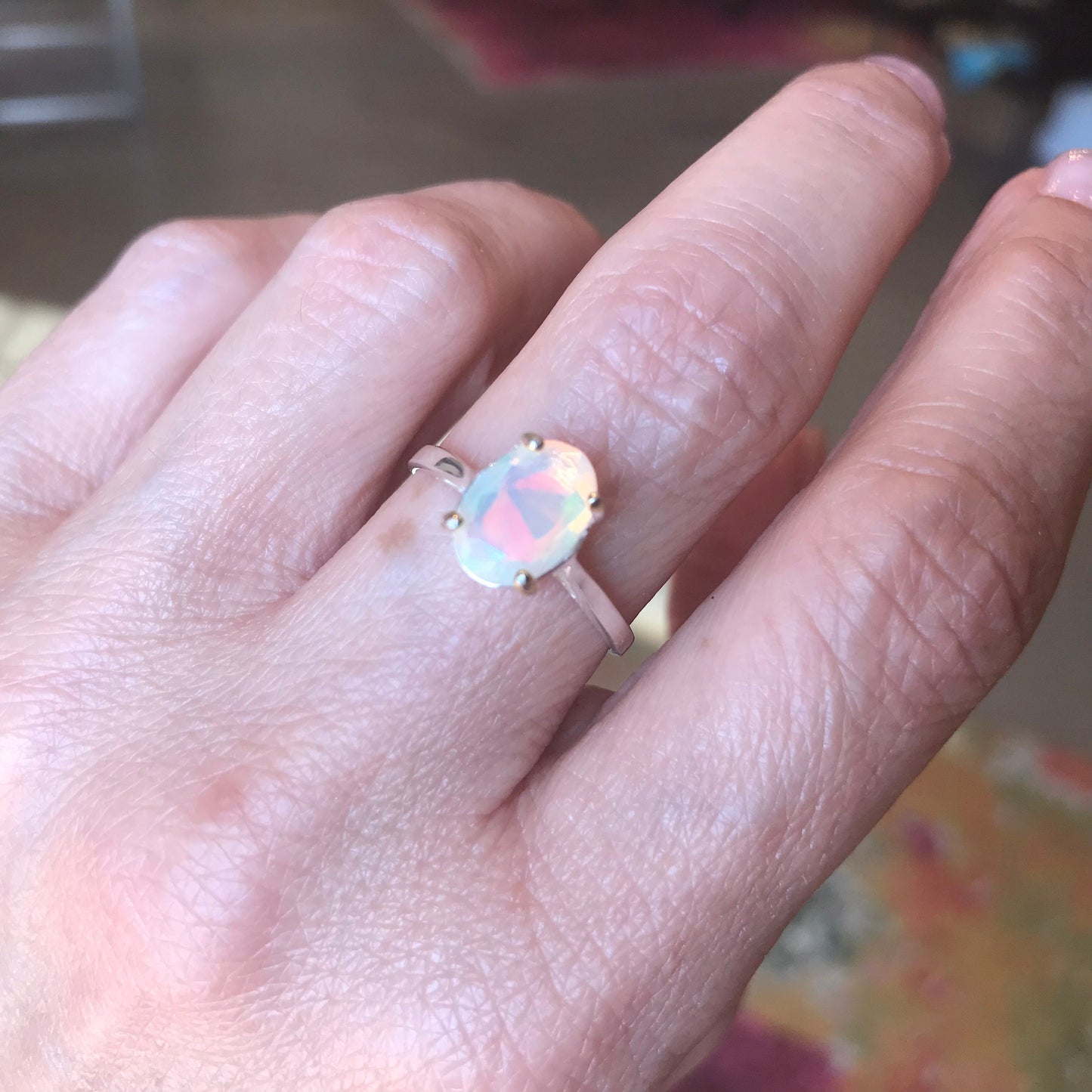 Sterling Silver Fire rainbow opal solitaire promise Ring 8