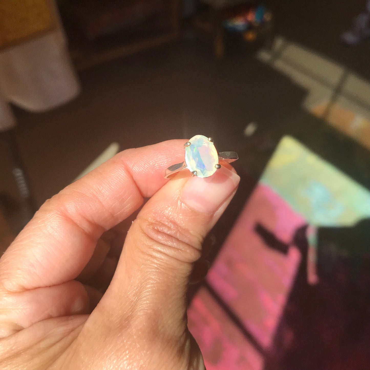 Sterling Silver Fire rainbow opal solitaire promise Ring 8