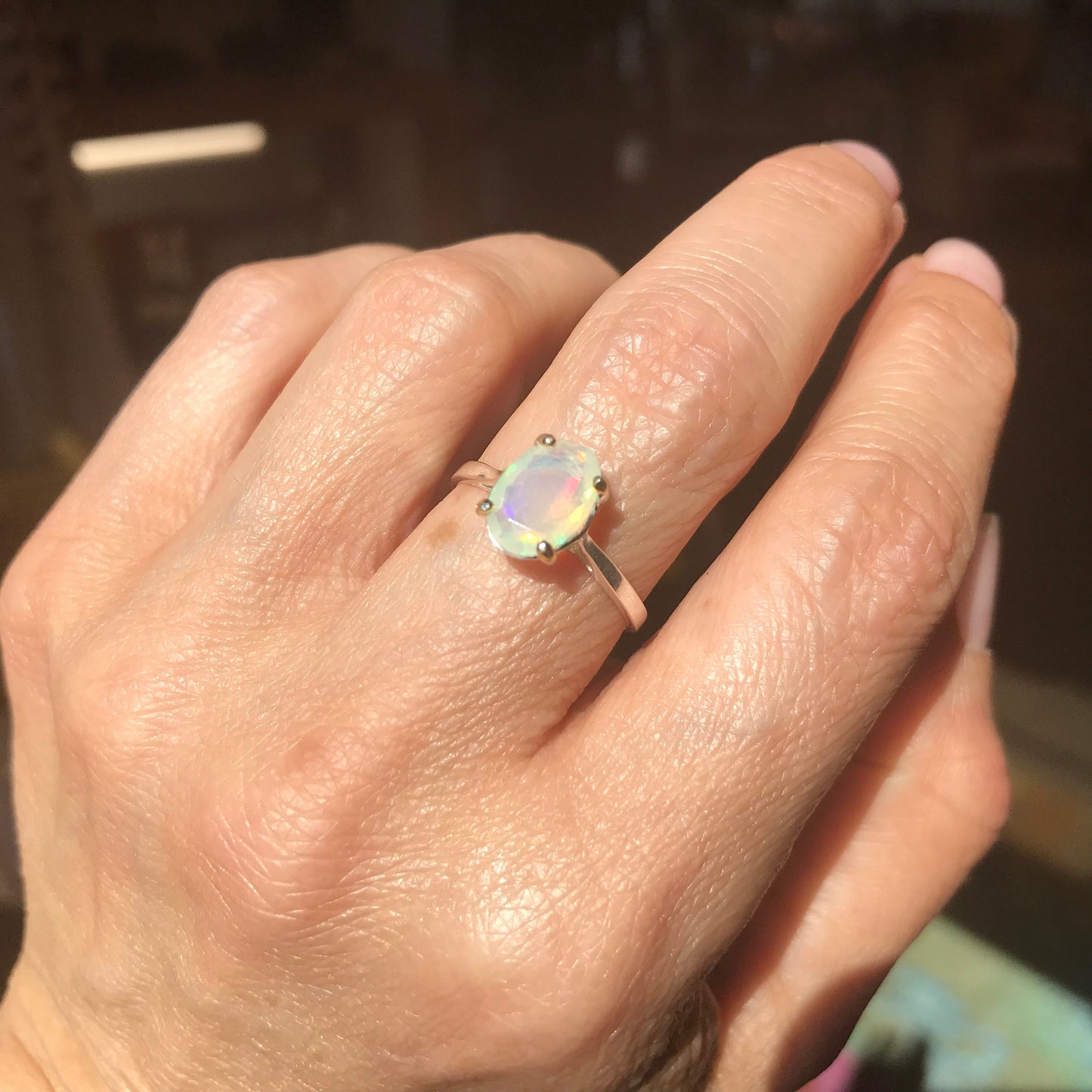 Sterling Silver Fire rainbow opal solitaire promise Ring 8