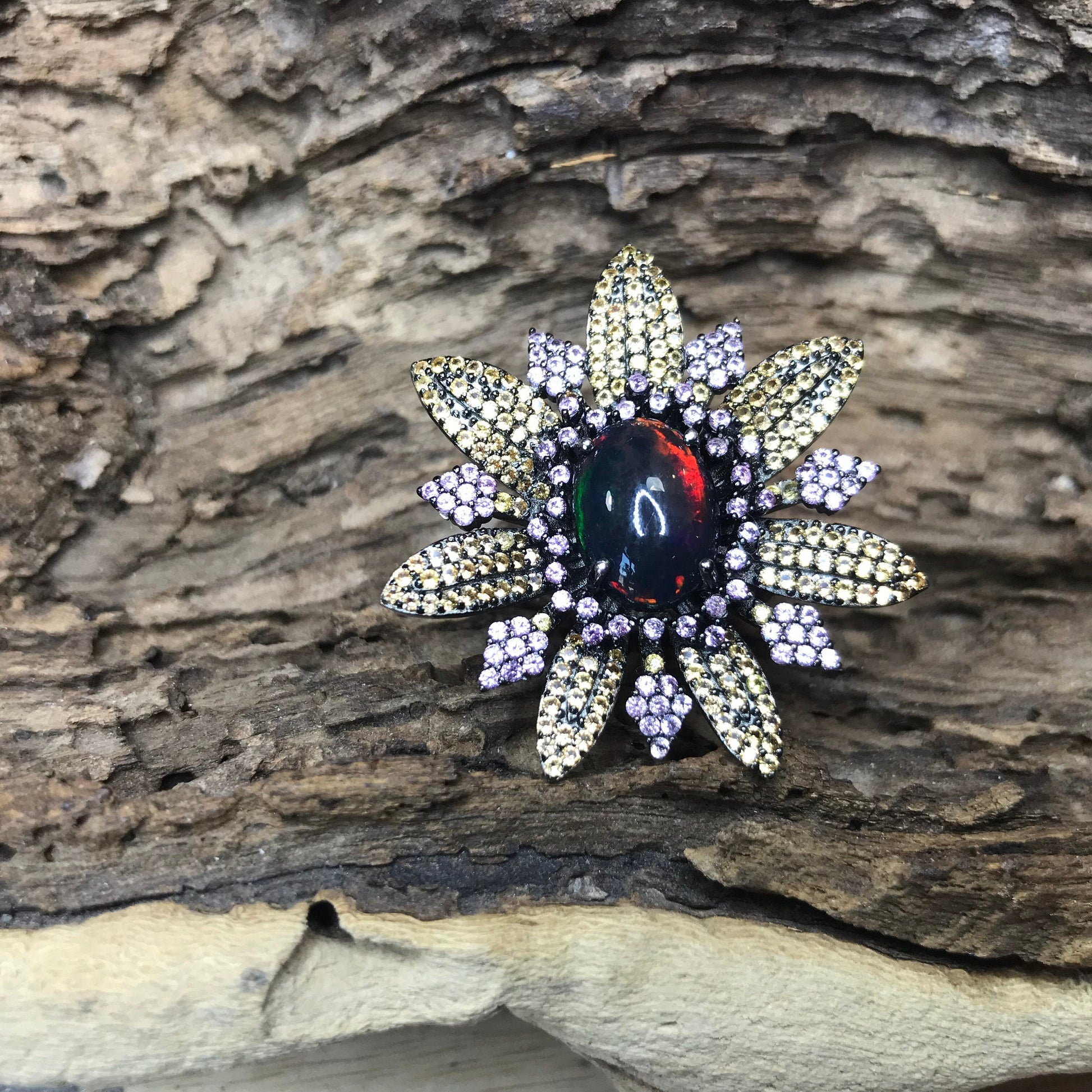 sterling silver Natural black Fire Opal sapphire statement pink ring Colors Of Etnika
