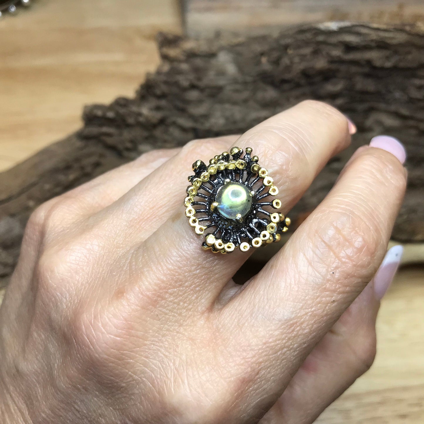 sterling silver abstract brutalist  Labradorite Ring 6.5 Colors Of Etnika