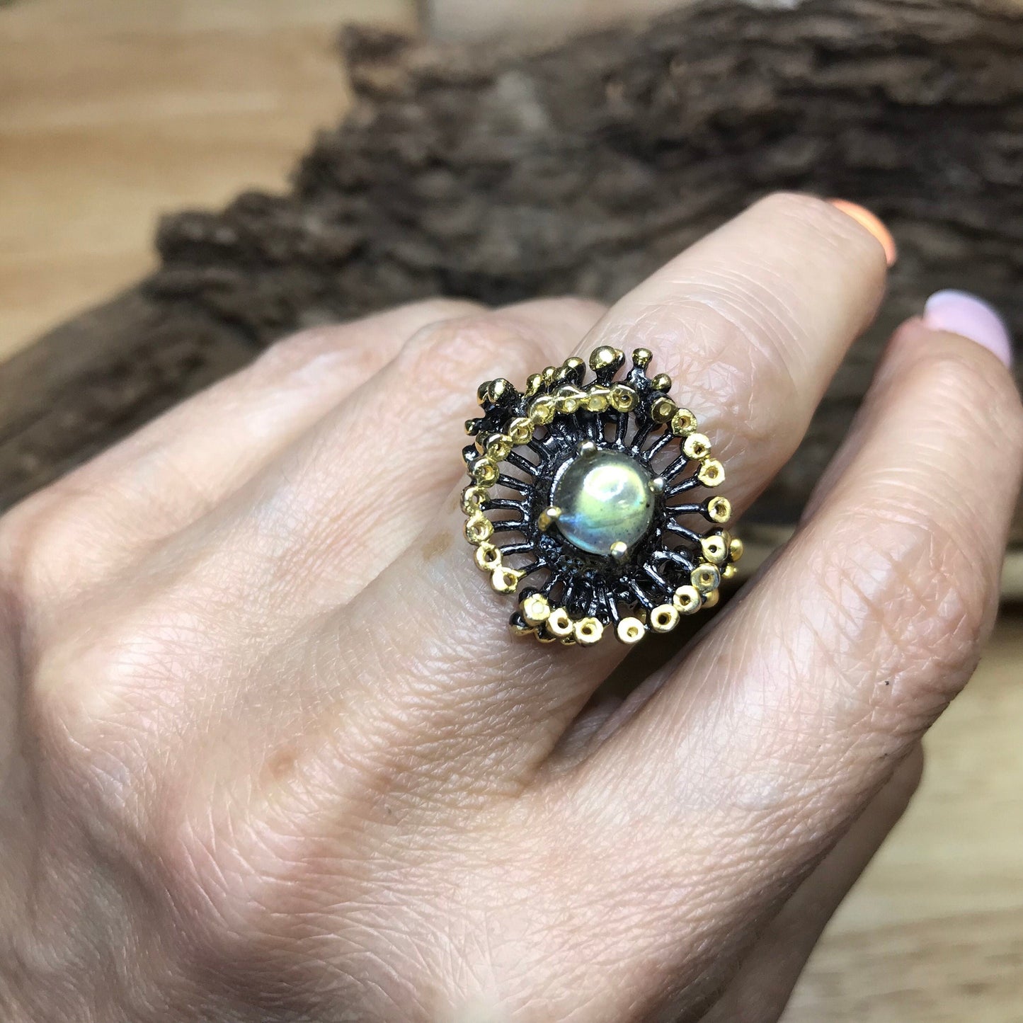 sterling silver abstract brutalist  Labradorite Ring 6.5 Colors Of Etnika