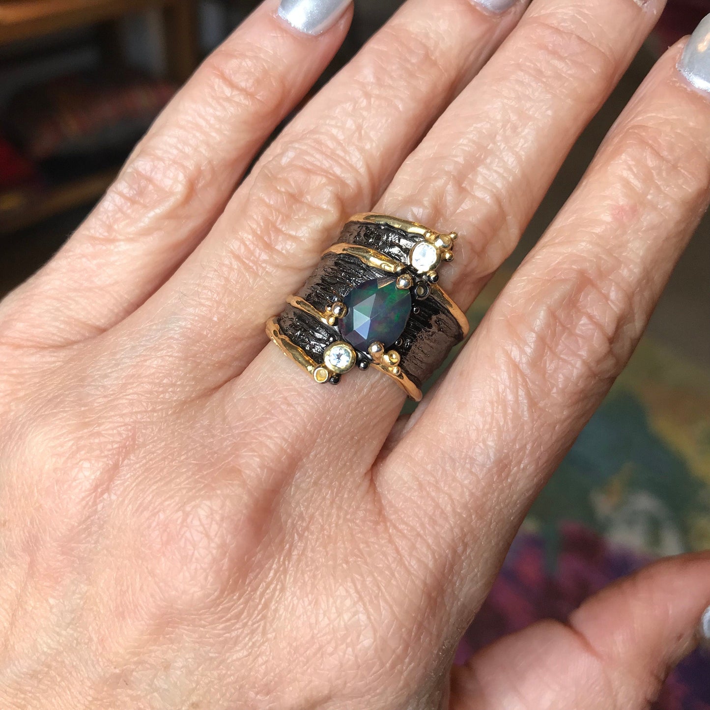 sterling silver natural  blue fire opal band ring 7 Colors Of Etnika
