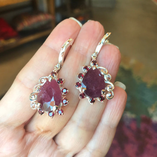 Sterling silver ruby  rhodolite  statement earrings