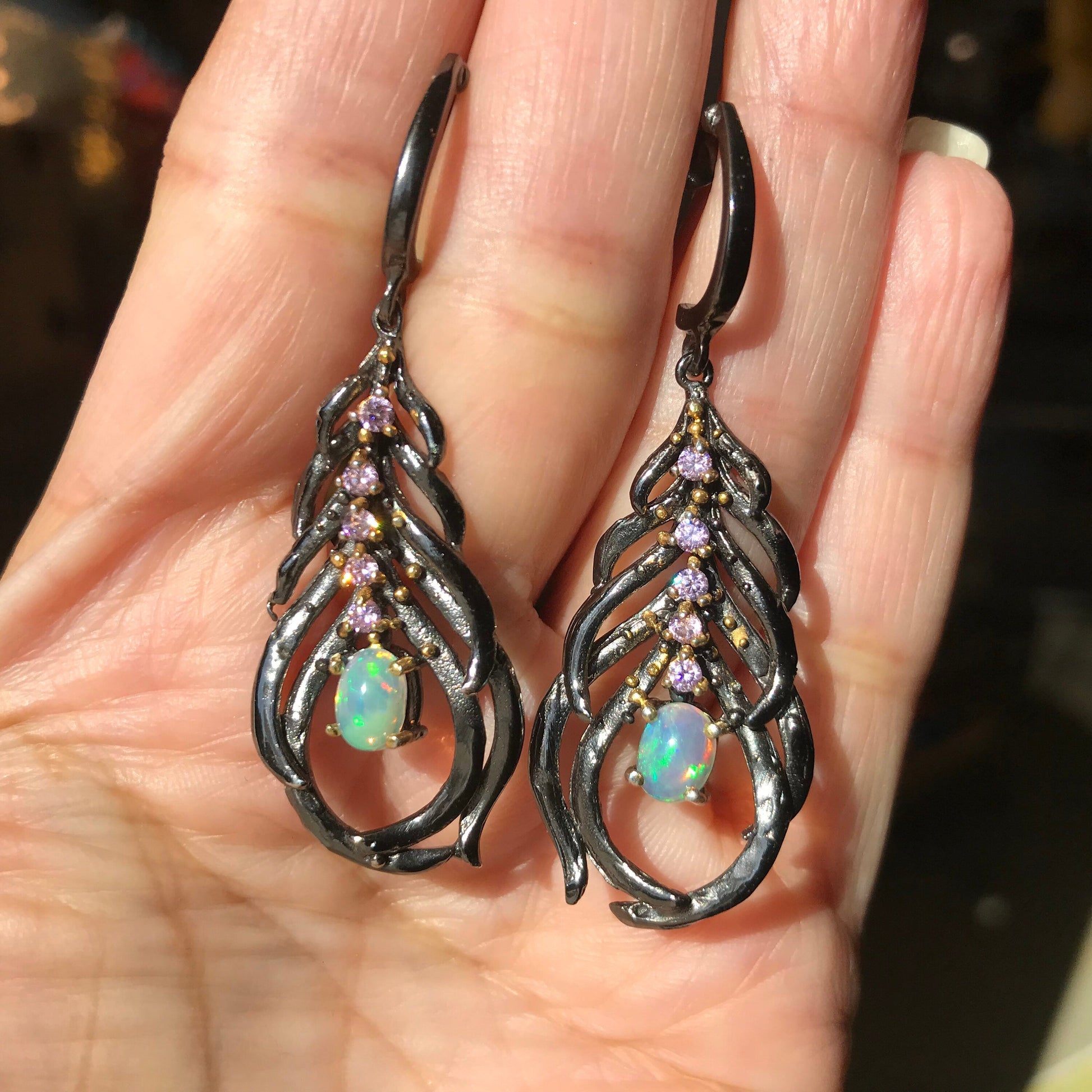 Sterling silver Statement Natural fire opal Feather  Dangle long earrings Colors Of Etnika