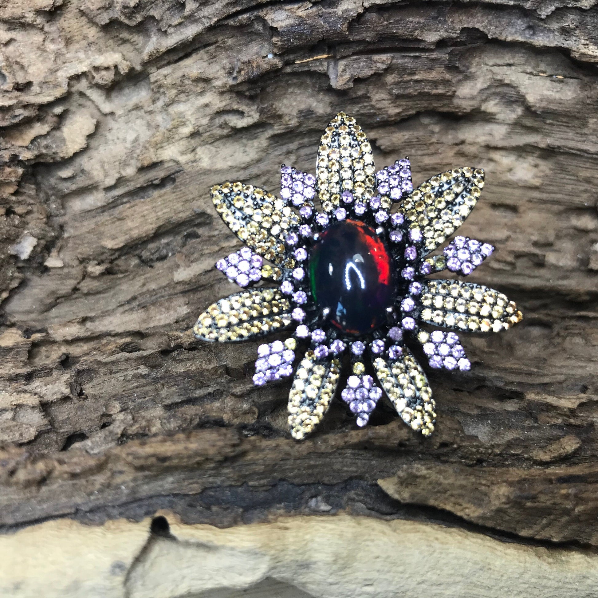 sterling silver Natural black Fire Opal sapphire statement pink ring Colors Of Etnika