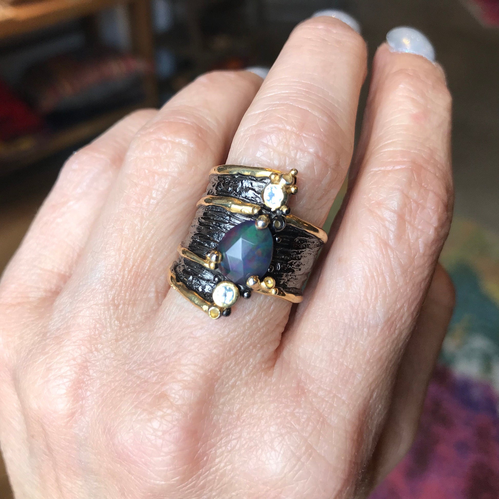 sterling silver natural  blue fire opal band ring 7 Colors Of Etnika