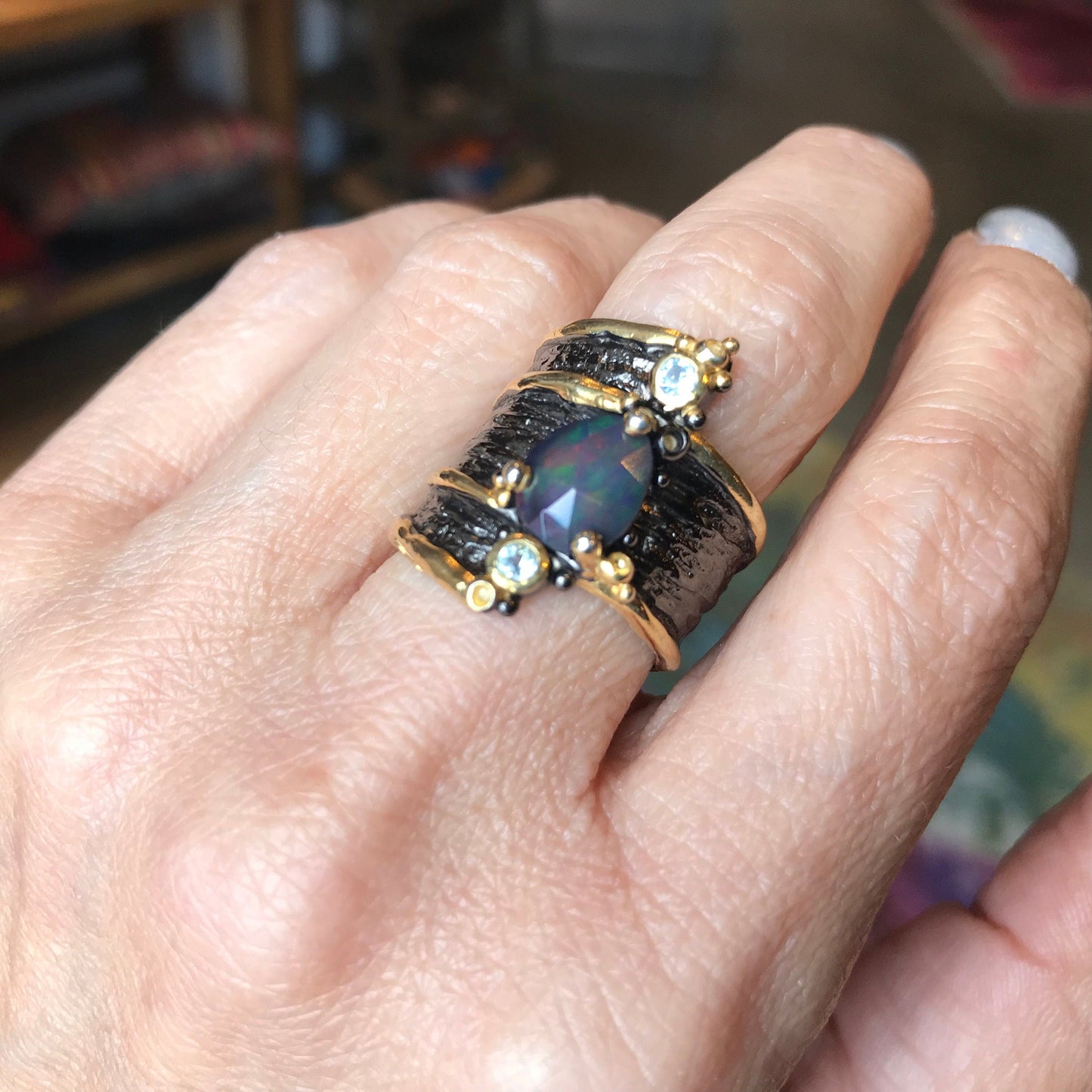 sterling silver natural  blue fire opal band ring 7 Colors Of Etnika