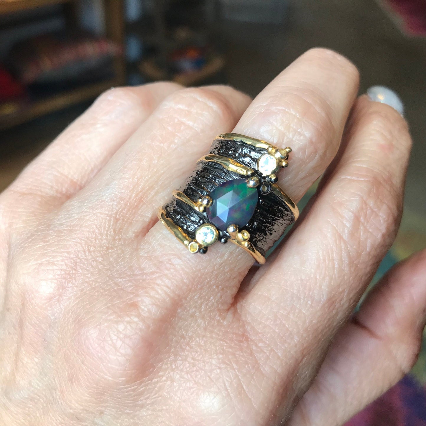 sterling silver natural  blue fire opal band ring 7 Colors Of Etnika