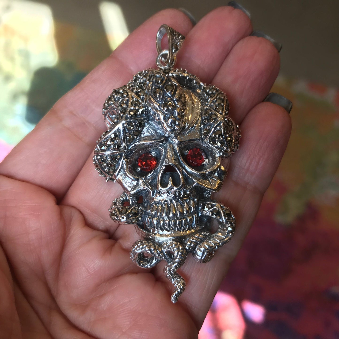 Sterling Silver sugar Skull  biker snake pendant for Necklace Colors Of Etnika
