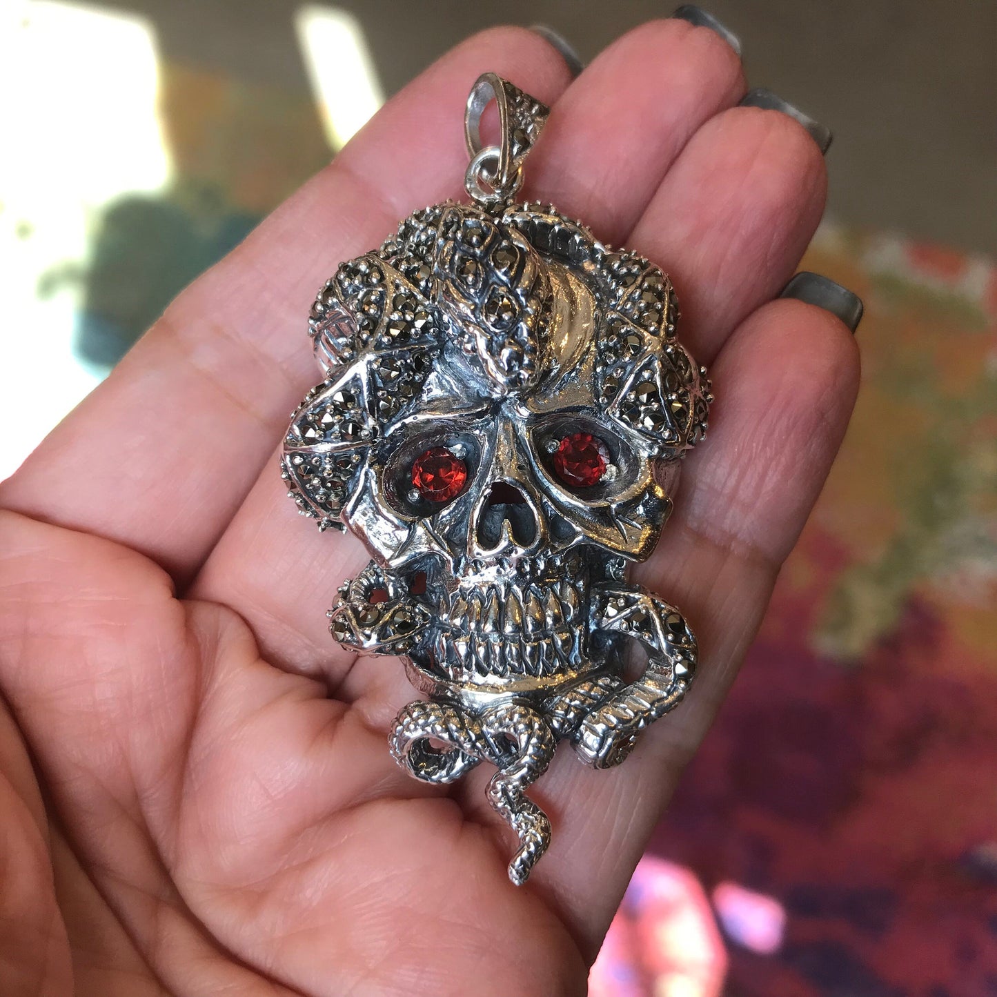 Sterling Silver sugar Skull  biker snake pendant for Necklace Colors Of Etnika