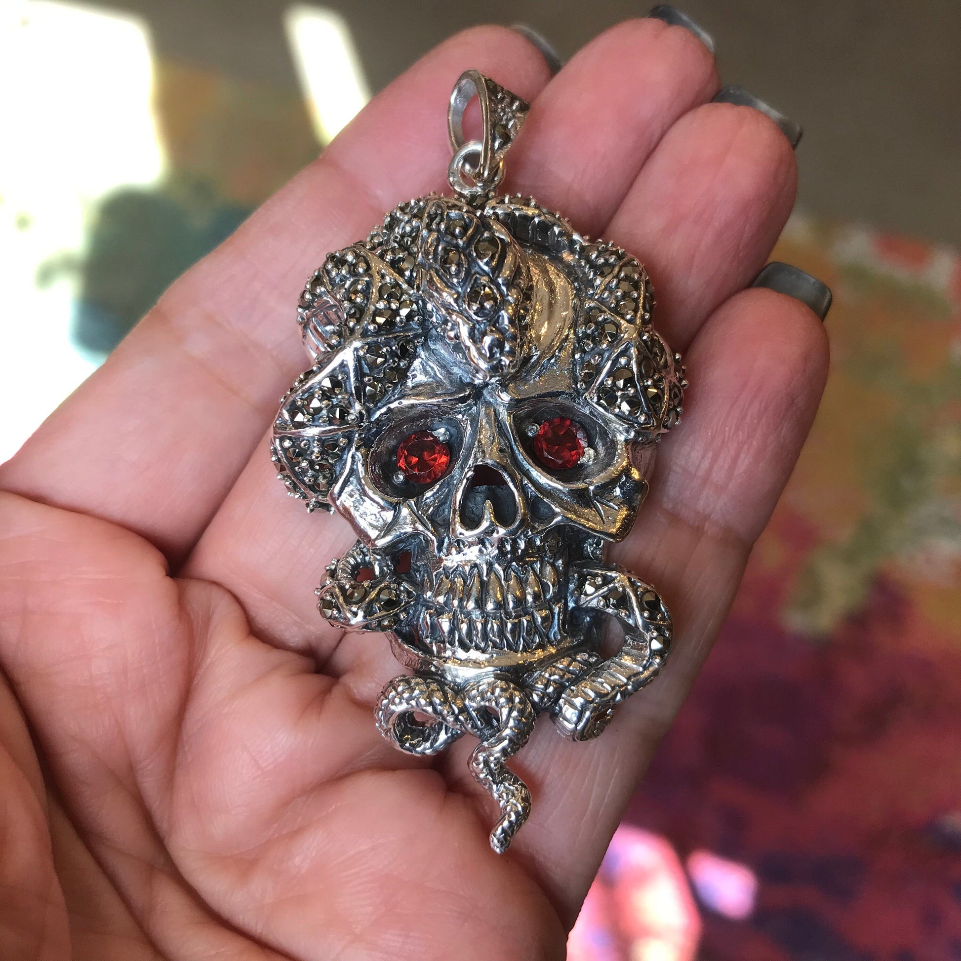 Sterling Silver sugar Skull  biker snake pendant for Necklace Colors Of Etnika