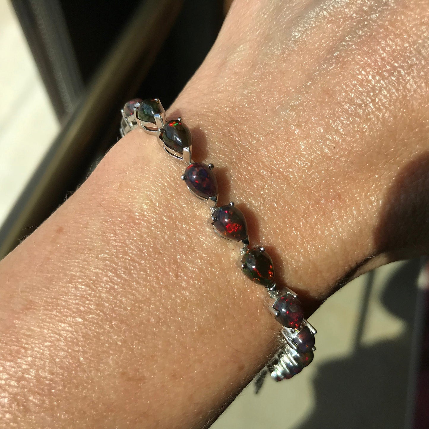Sterling Silver natural red fire opal pear shape tennis Bracelet 8” Colors Of Etnika