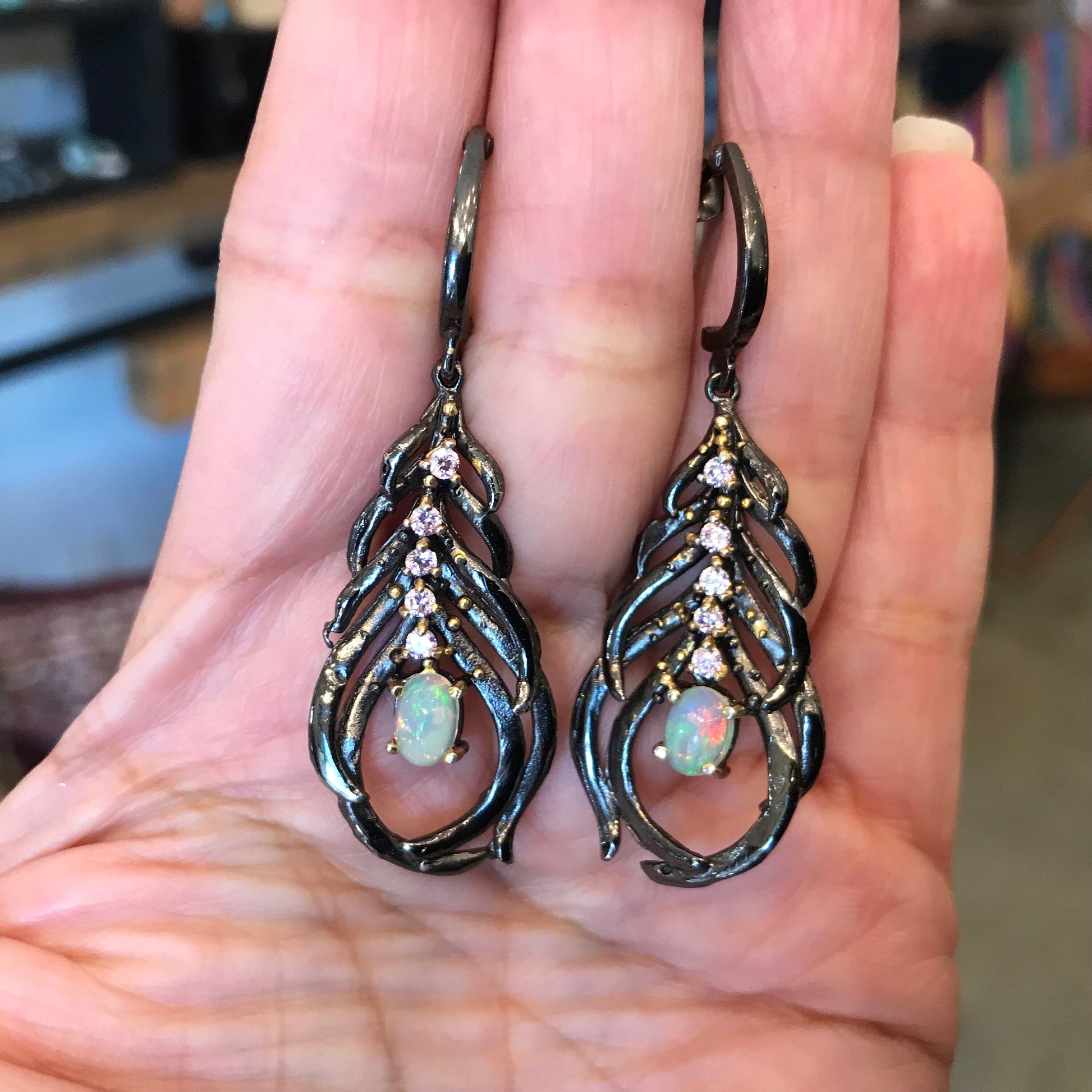 Sterling silver Statement Natural fire opal Feather  Dangle long earrings Colors Of Etnika
