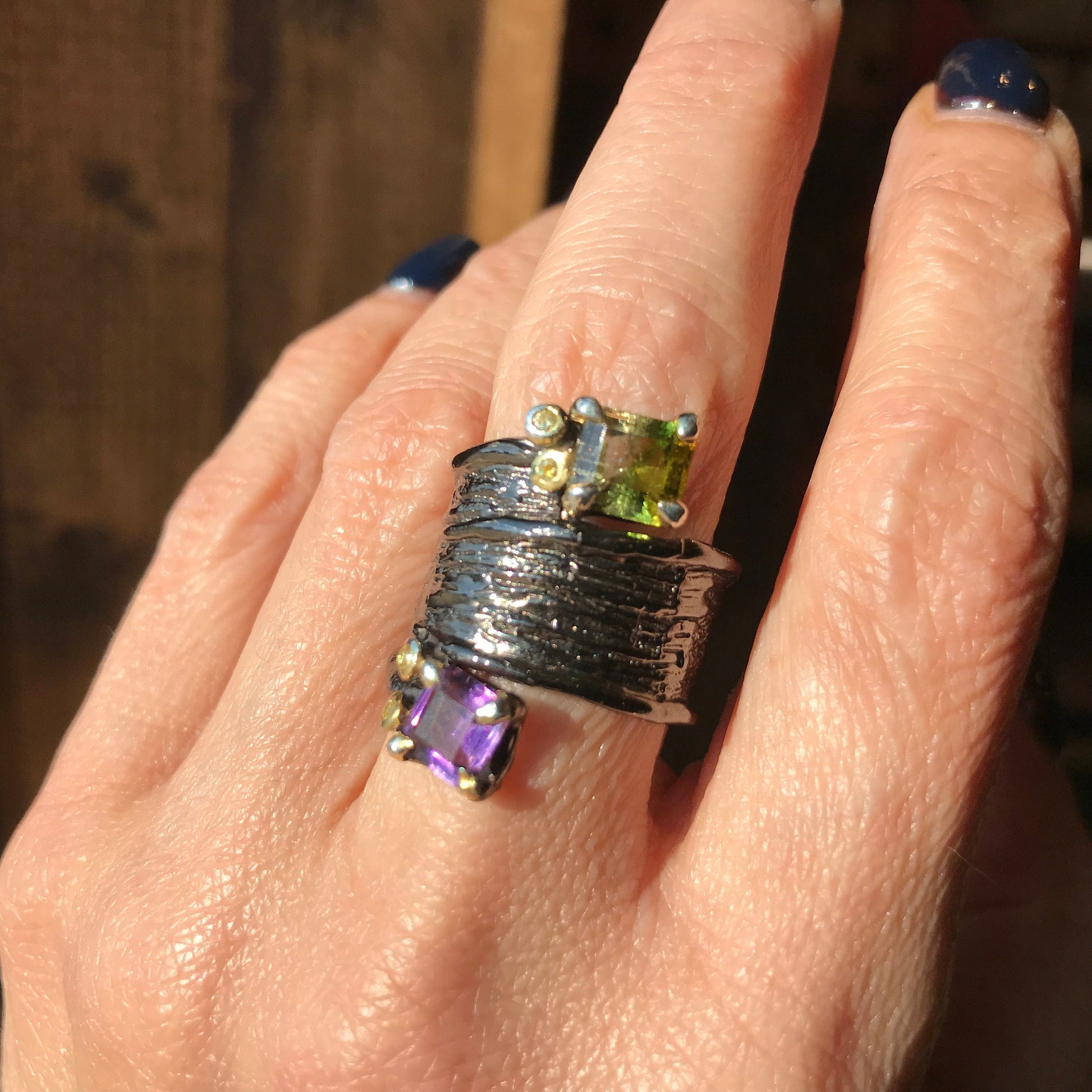 Sterling Silver Statement tourmaline  Amethyst band  ring 7 Colors Of Etnika
