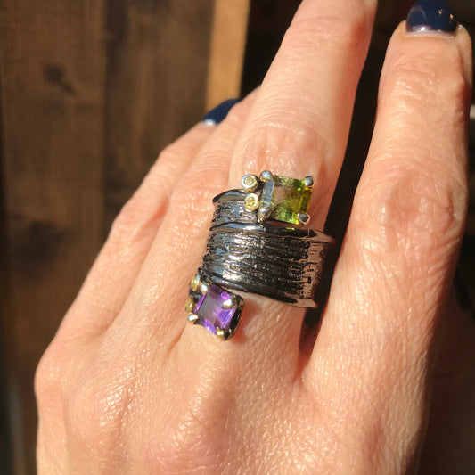 Sterling Silver Statement tourmaline  Amethyst band  ring 7