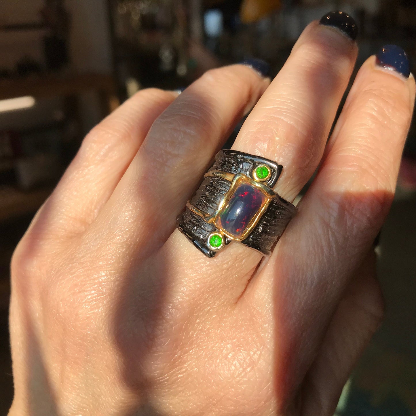 sterling silver natural fire rainbow black opal band Etnika ring 7.5 Colors Of Etnika