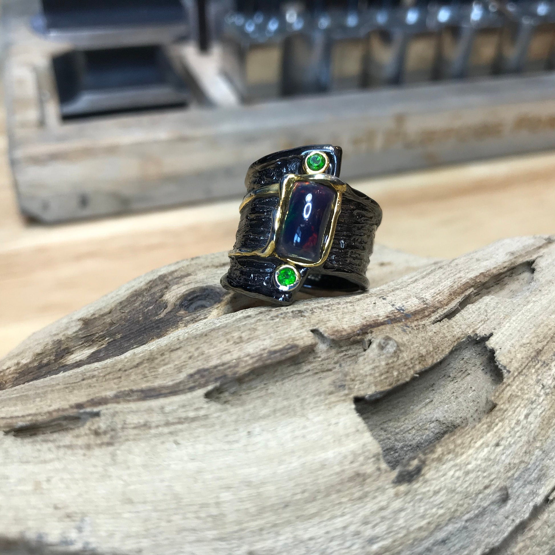 sterling silver natural fire rainbow black opal band Etnika ring 7.5 Colors Of Etnika