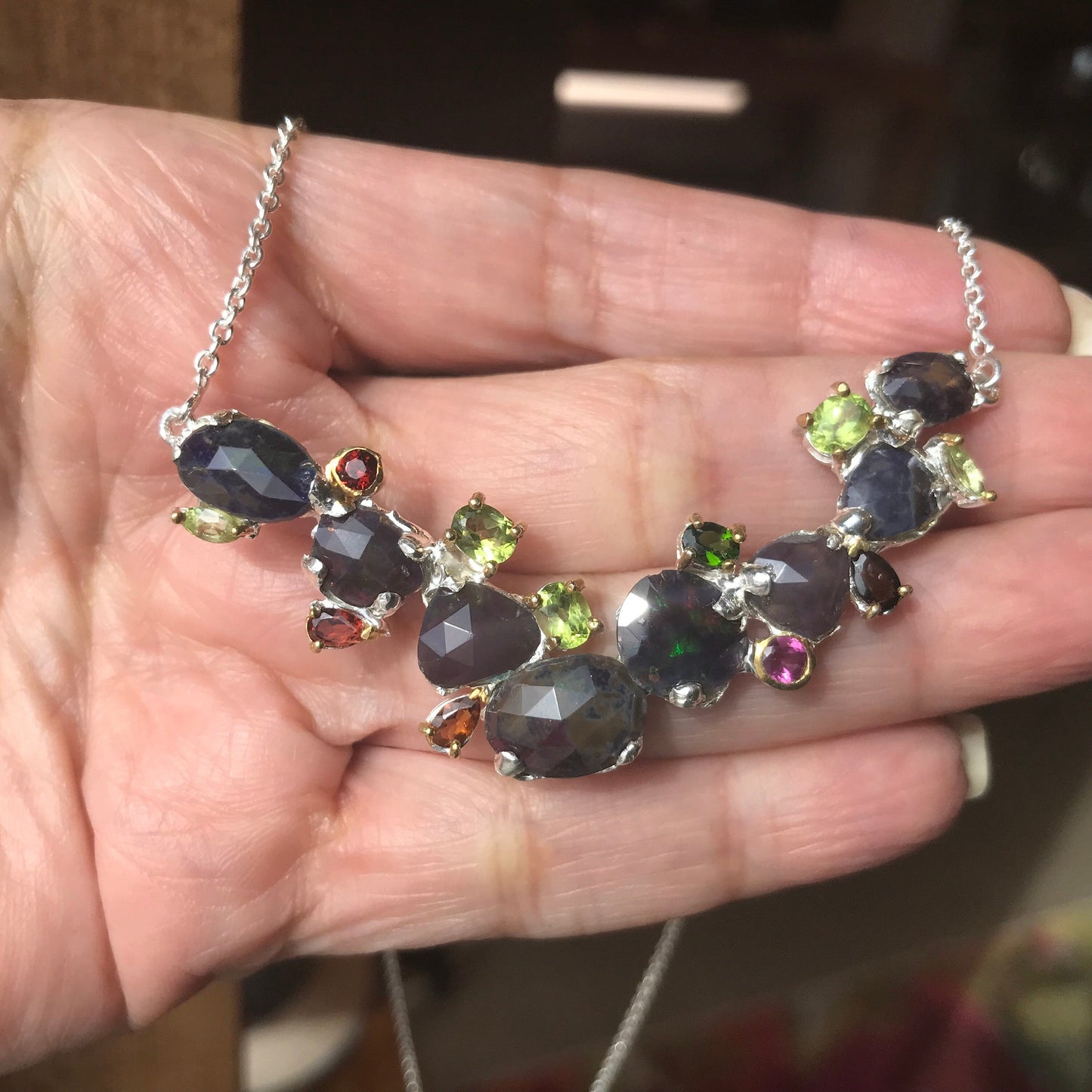 Natural Rainbow black opal heirloom Silver Necklace 19” Colors Of Etnika