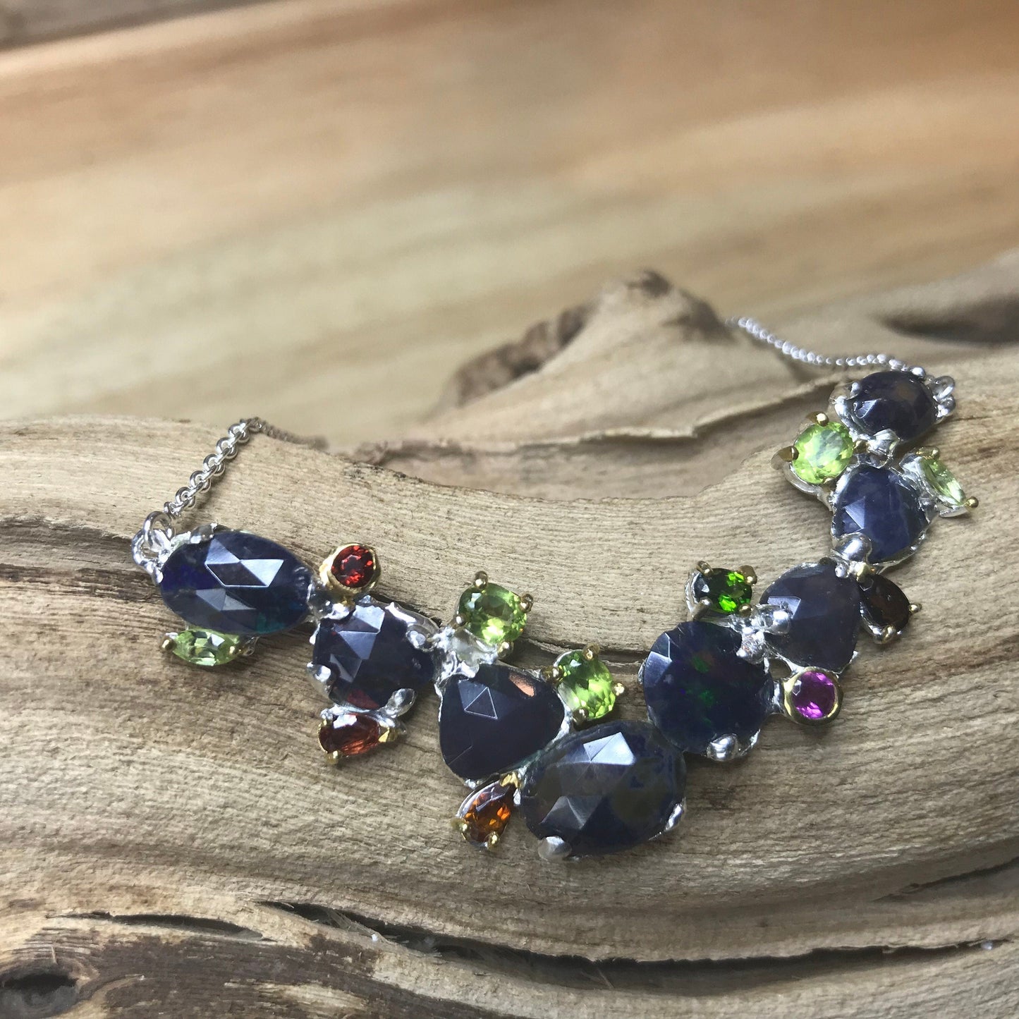 Natural Rainbow black opal heirloom Silver Necklace 19” Colors Of Etnika