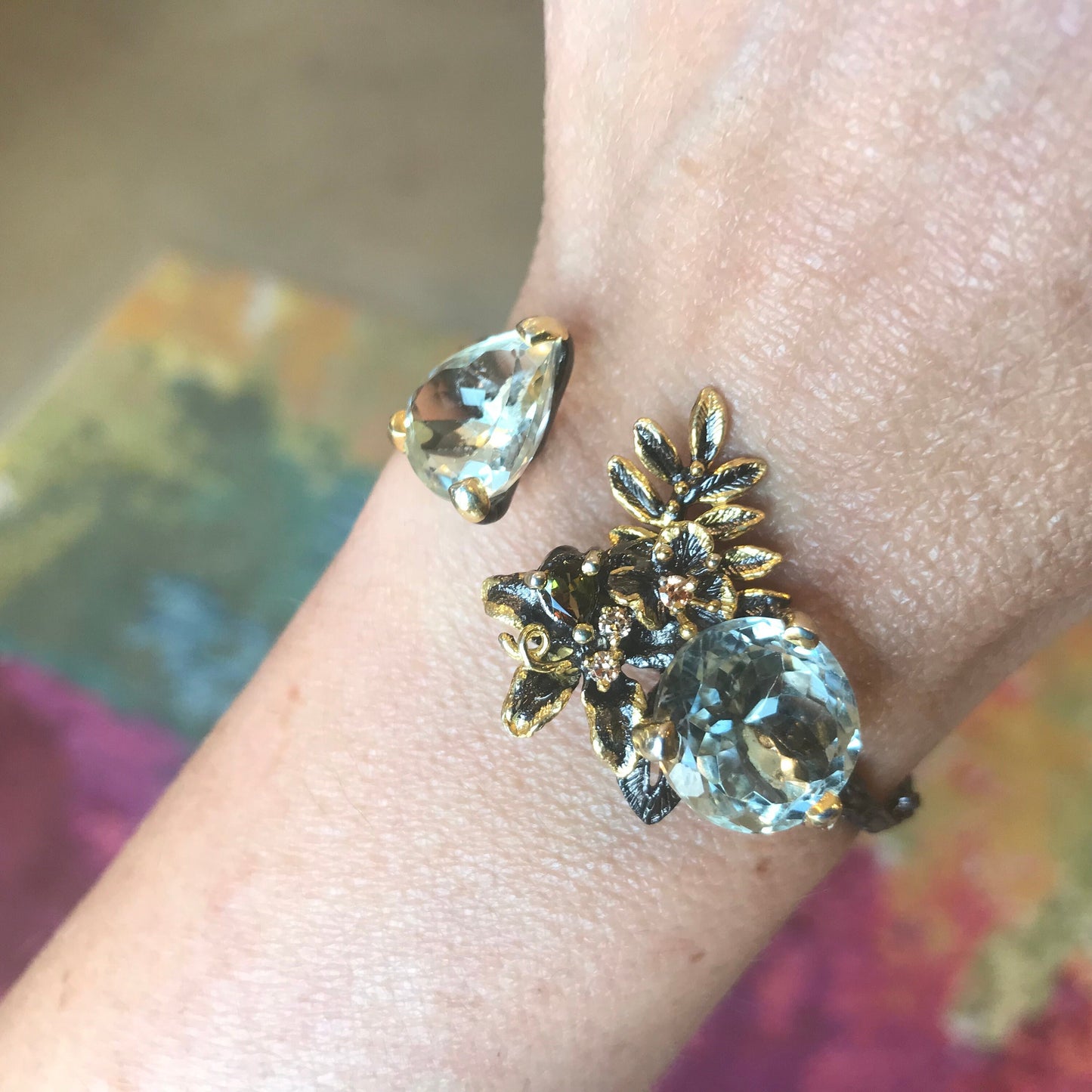 Sterling  silver natural twig green amethyst cuff bracelet