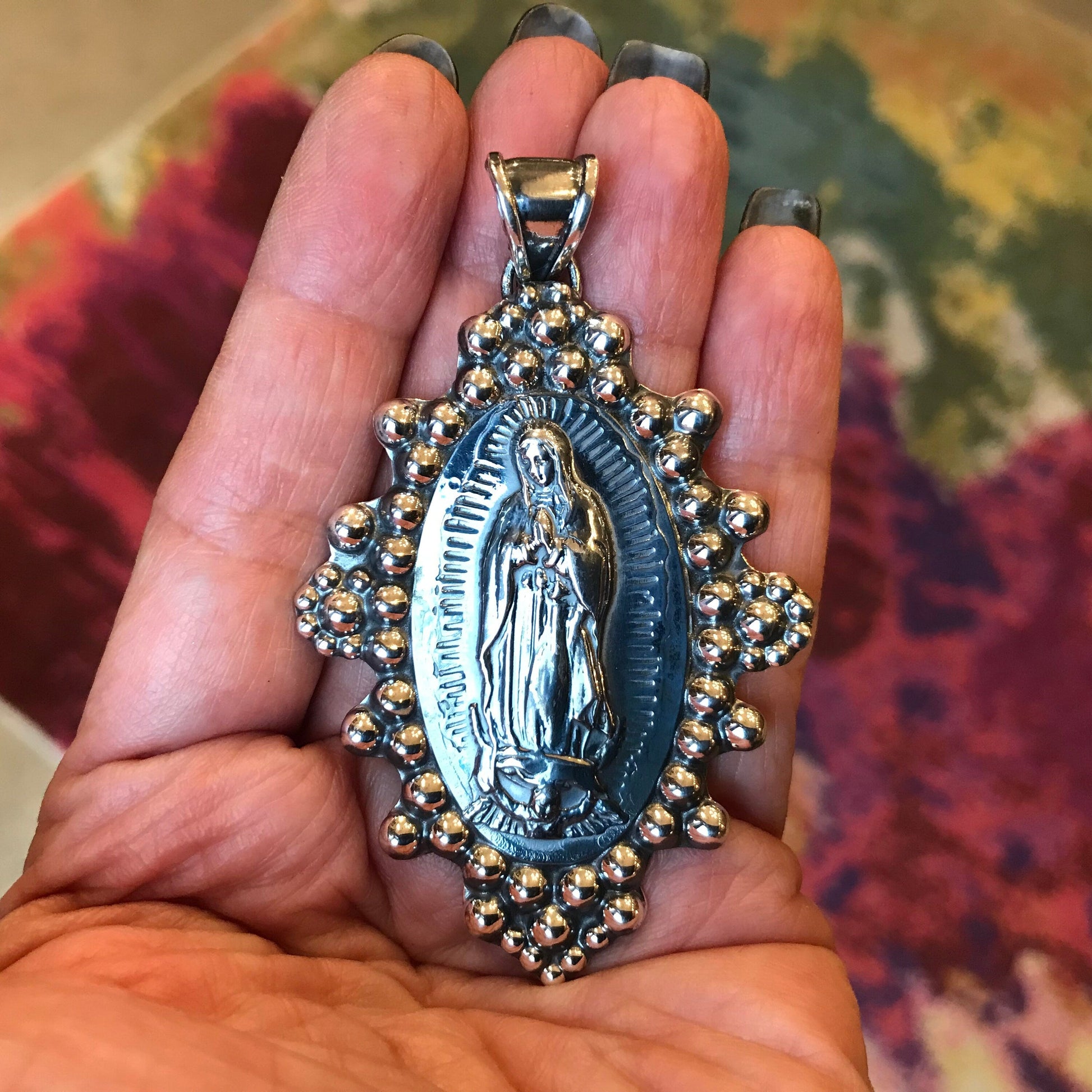Sterling Silver Madonna Virgen de Guadalupe huge oversize  pendant Colors Of Etnika