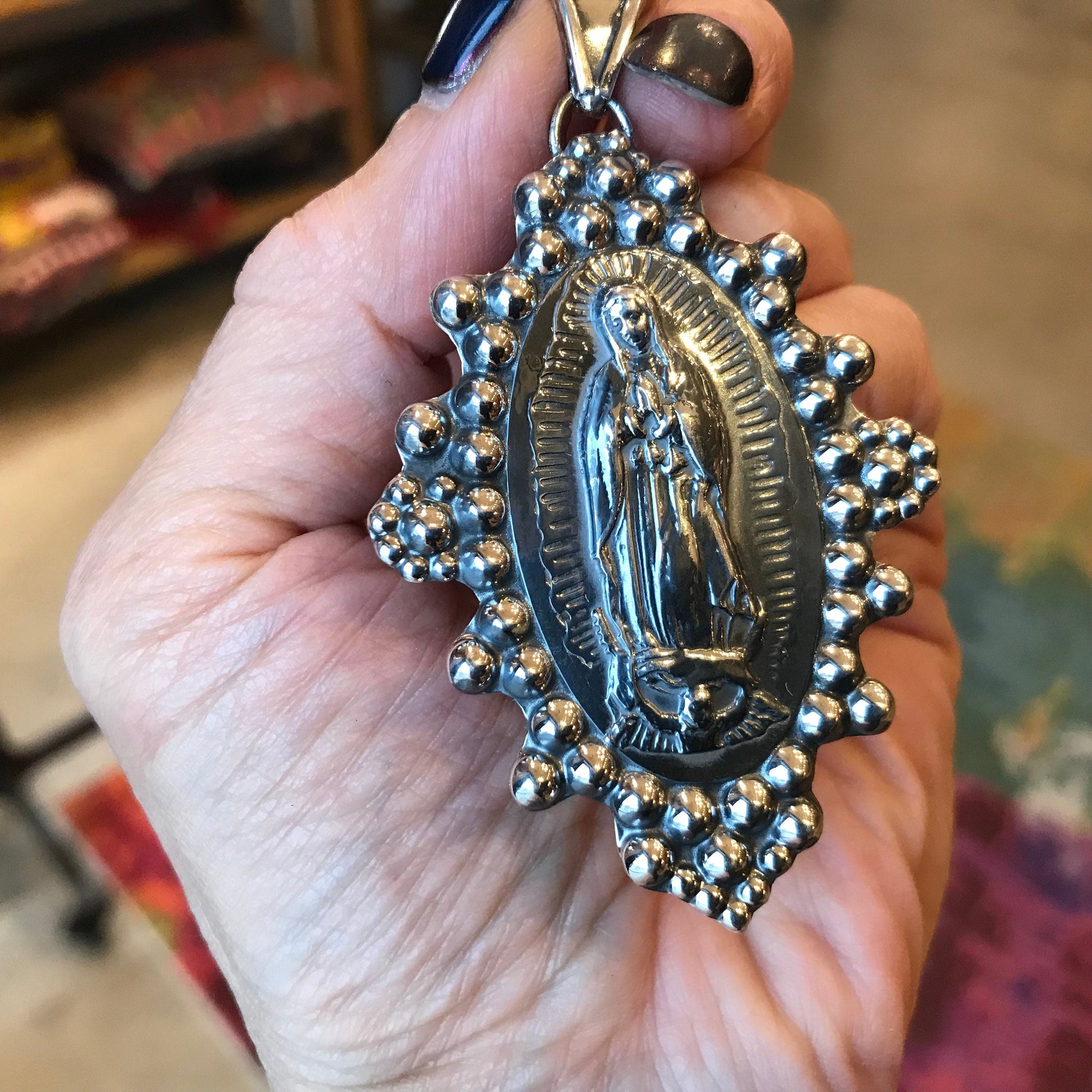 Sterling Silver Madonna Virgen de Guadalupe huge oversize  pendant Colors Of Etnika