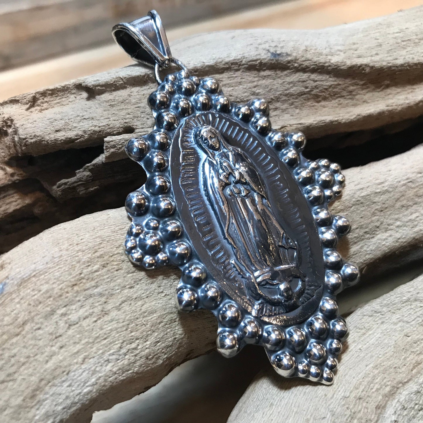 Sterling Silver Madonna Virgen de Guadalupe huge oversize  pendant Colors Of Etnika