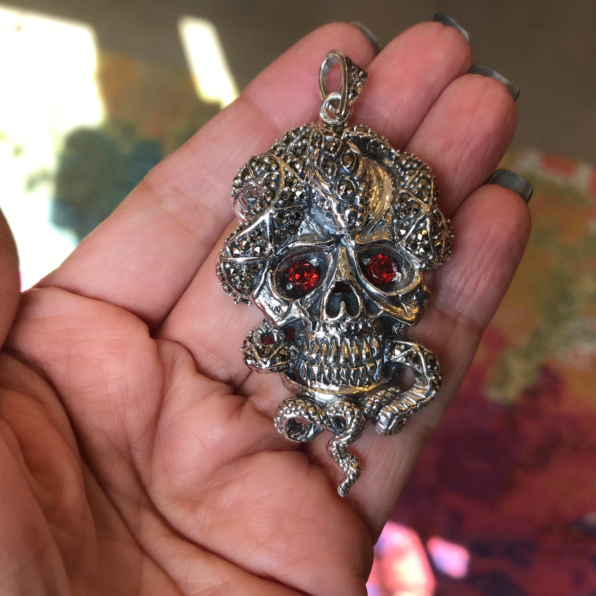Sterling Silver sugar Skull  biker snake pendant for Necklace Colors Of Etnika