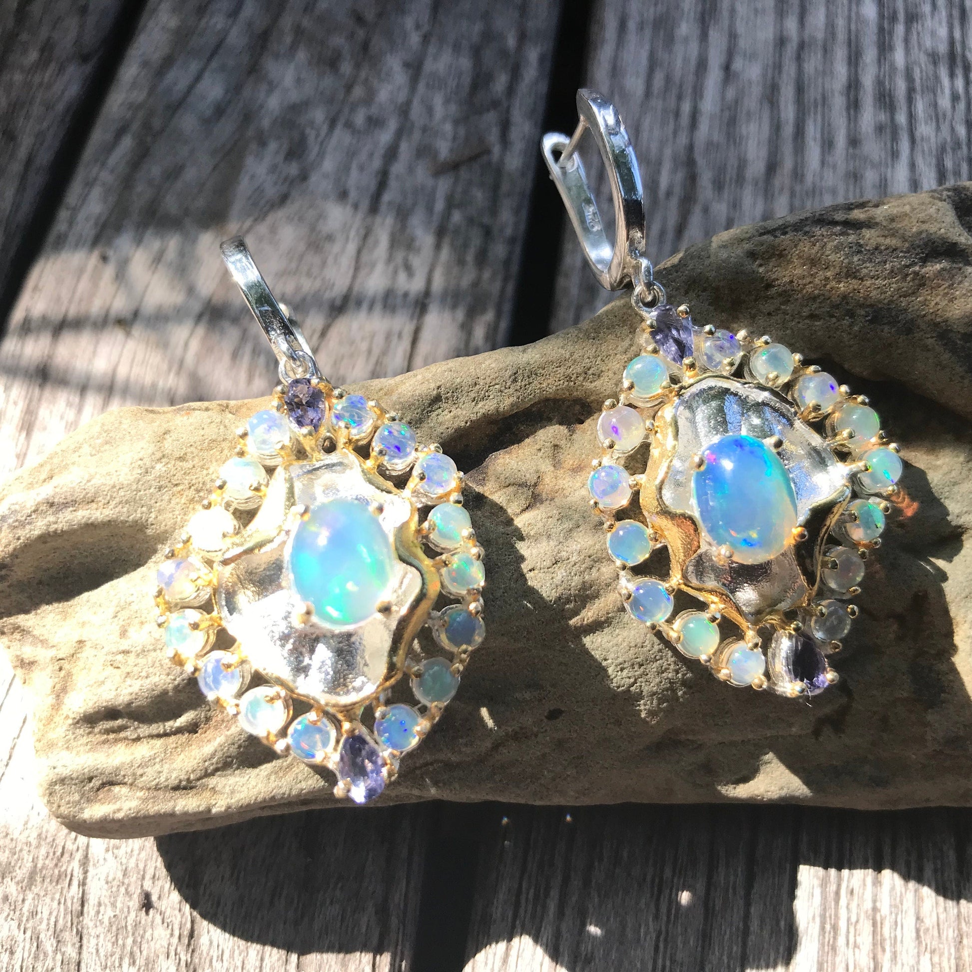 sterling silver Rainbow cluster Natural opal lolite earrings Colors Of Etnika