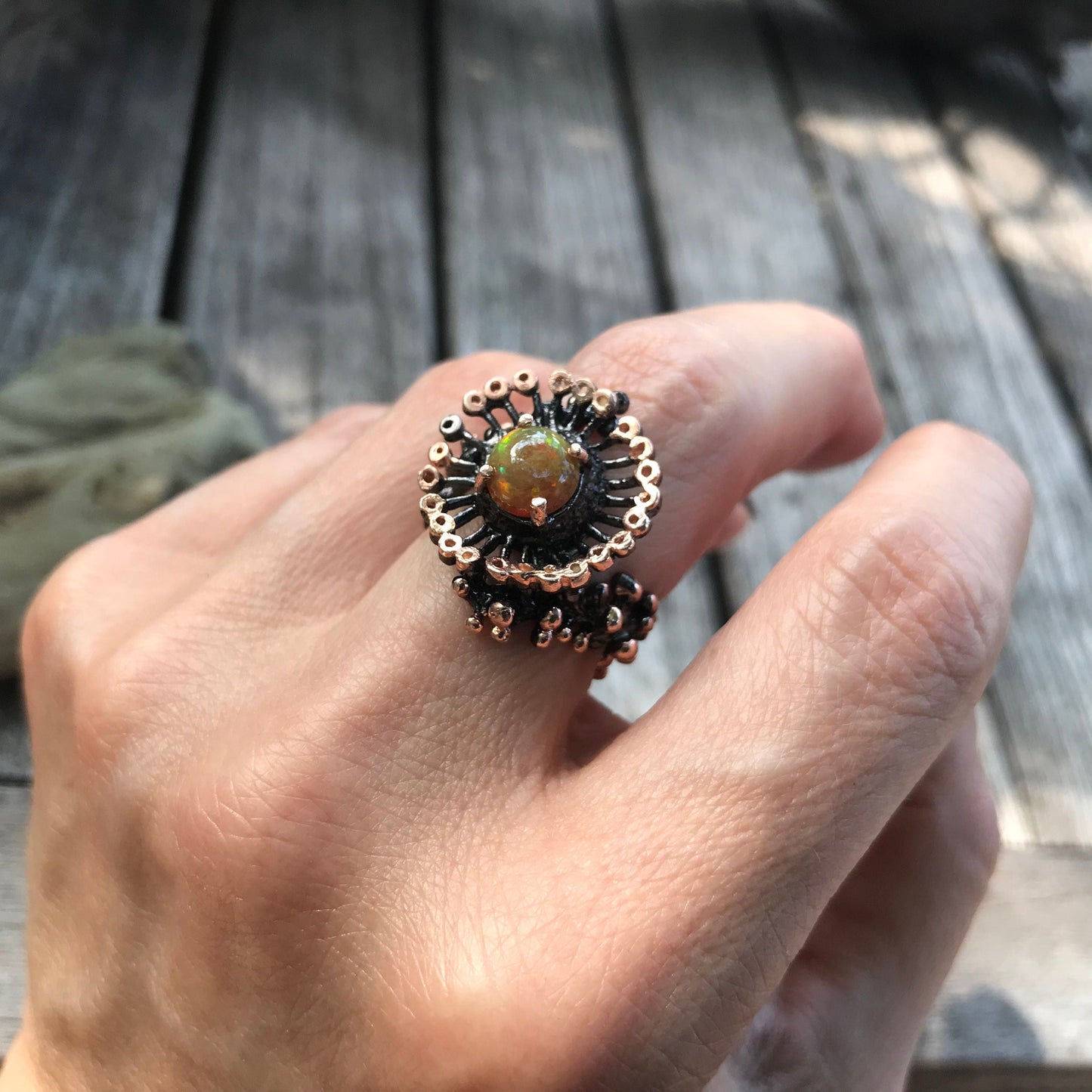 Natural Orange Rainbow opal  organic abstract Sterling Silver Ring 6.5 Colors Of Etnika