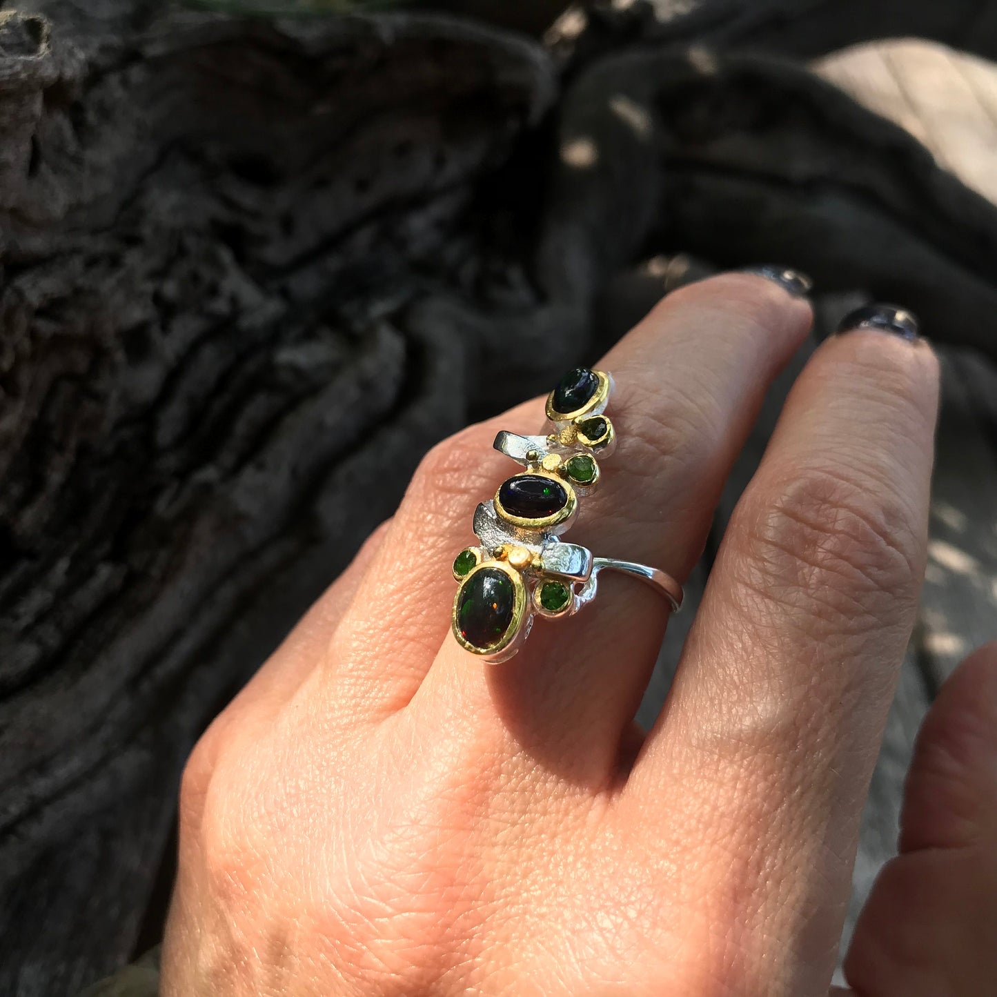 Sterling  Silver Natural Black Fire opal ring 7.5