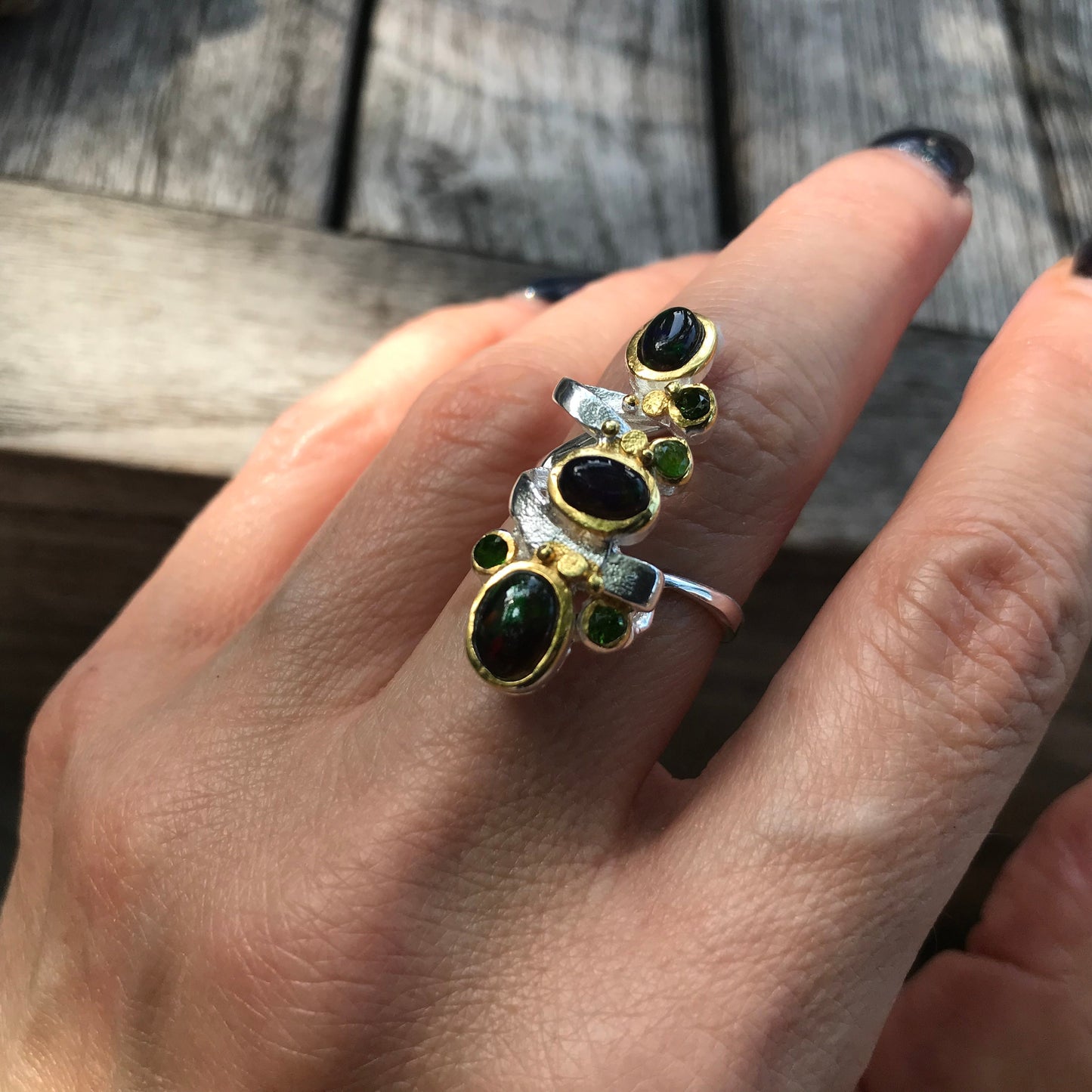 Sterling  Silver Natural Black Fire opal ring 7.5
